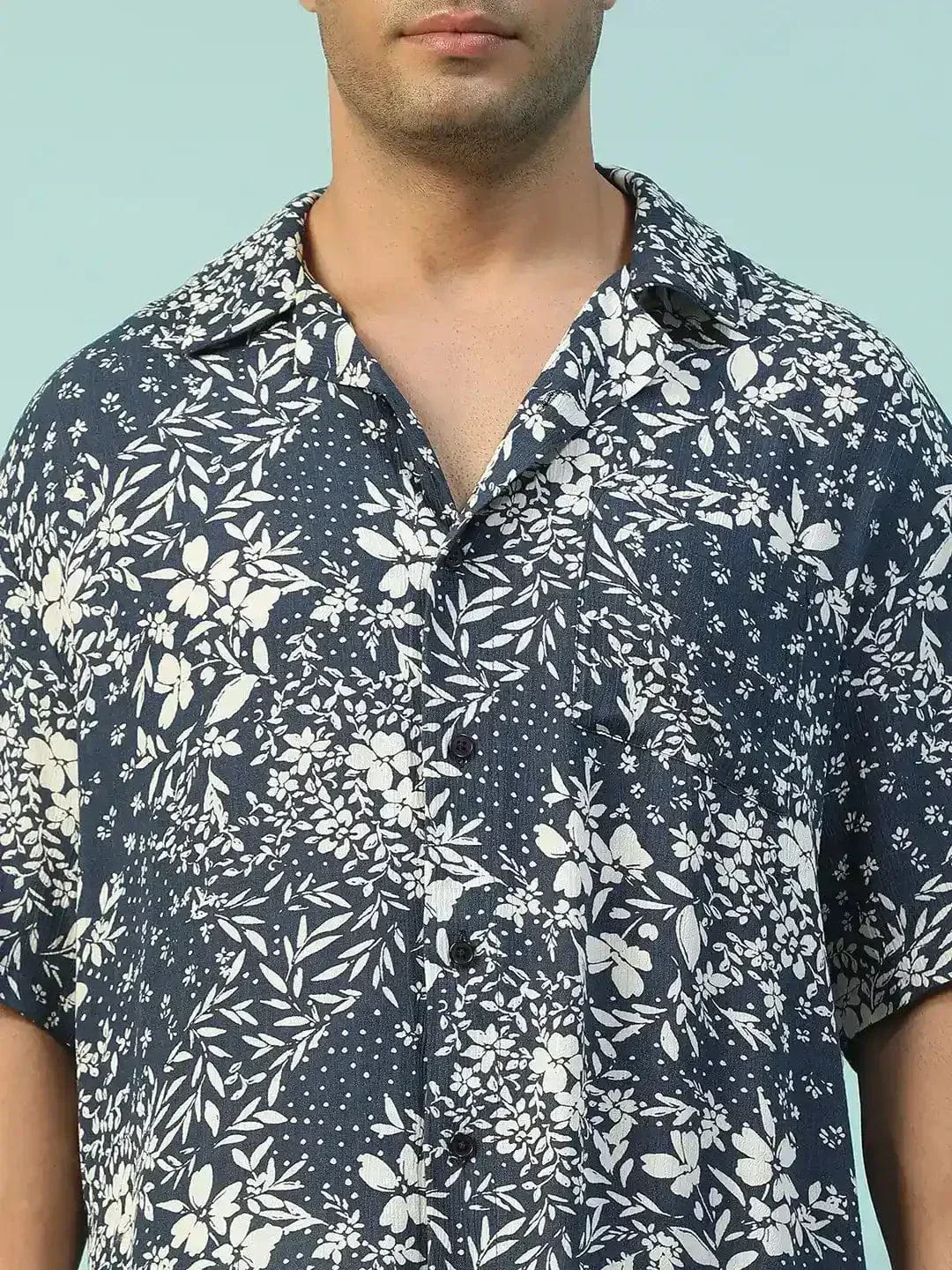 Blaze Blue Floral Print Lapel Collar Short Sleeve Men Oversized Shirt - Image 6