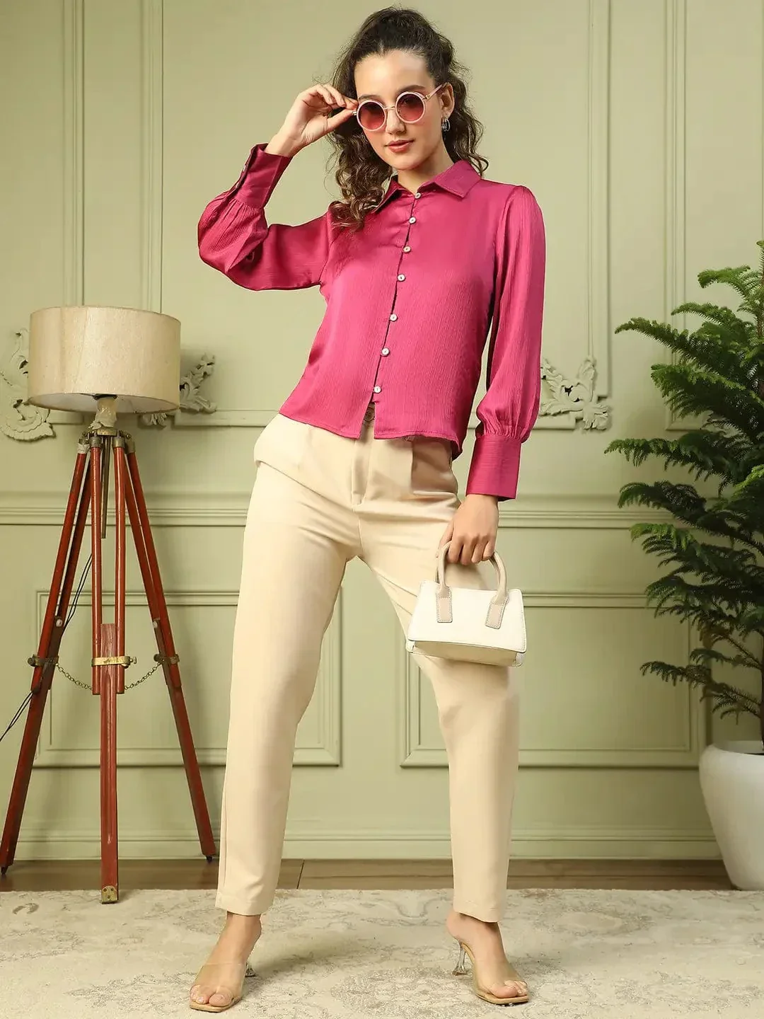 Blazing Purple Collared Long Sleeve Button Down Women Satin Shirt - Image 8