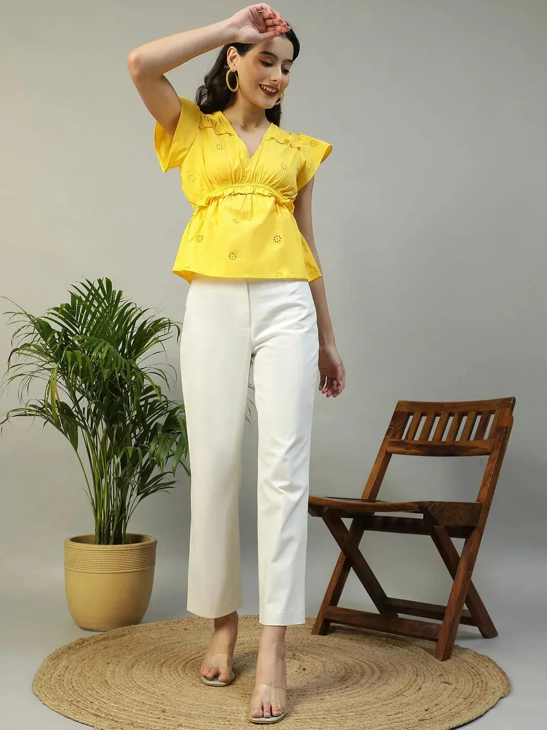 Blingy Yellow Dobby Meld Short sleeve Frill Detail Women Cotton Peplum Top - Image 2