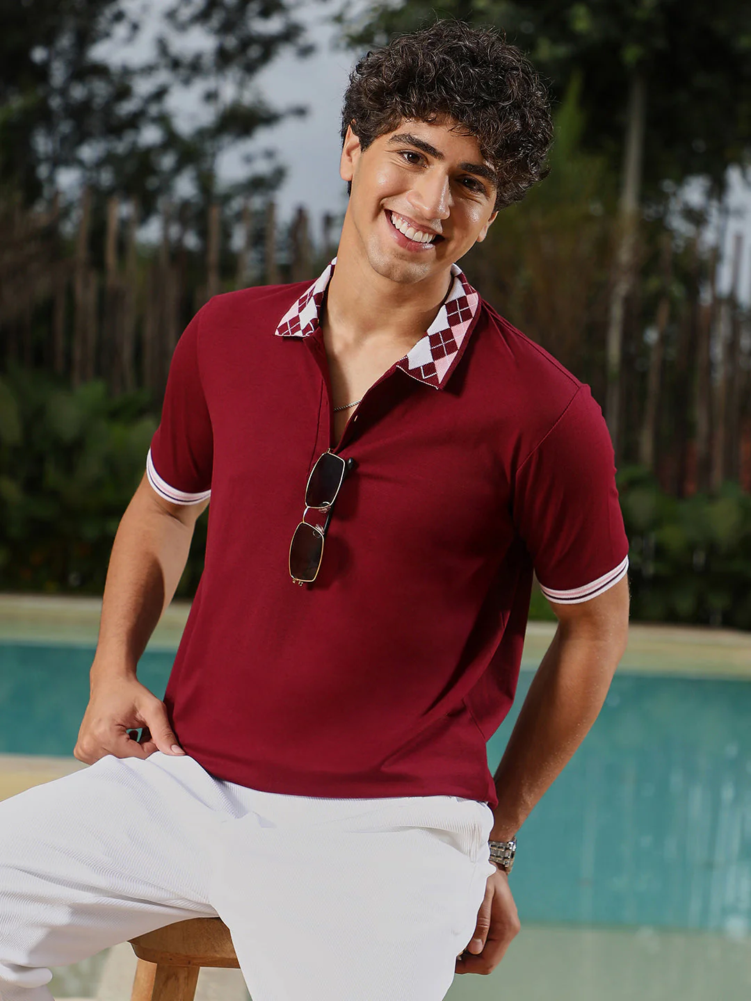 Block Argyle-Knit Polo T-Shirt