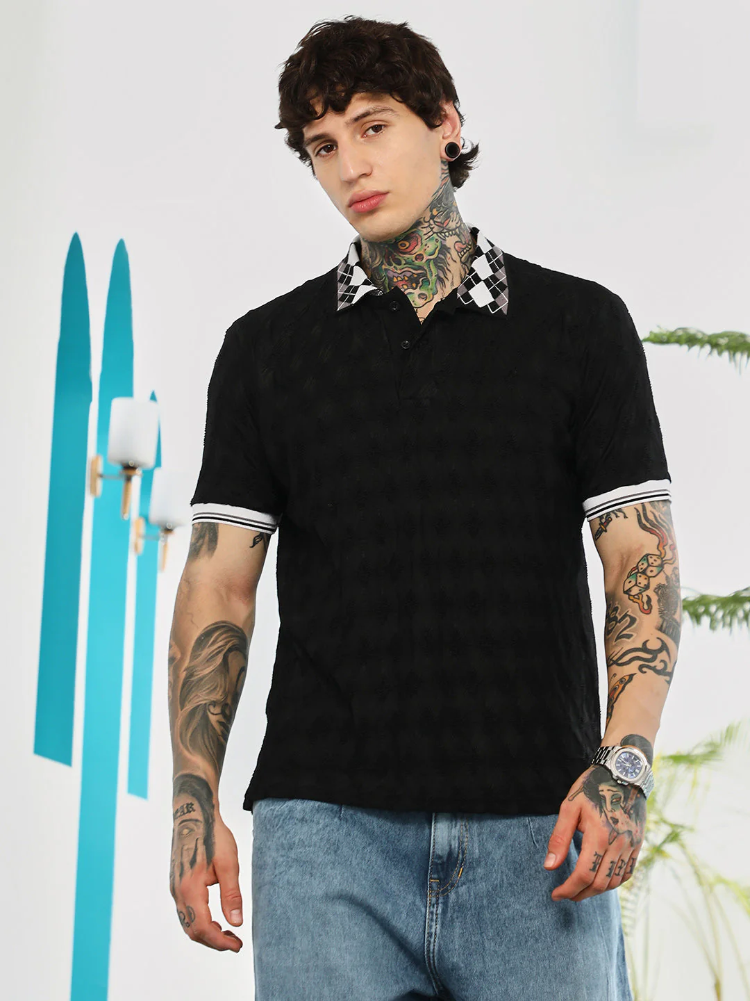 Block Argyle-Knit Polo T-Shirt - Image 2