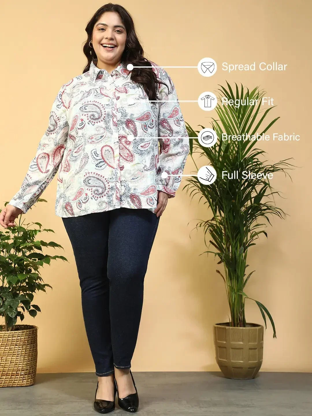 Bloom Multicolor Floral Print Collared Long Sleeve Button Plus Size Women Dobby Cotton Shirt - Image 2