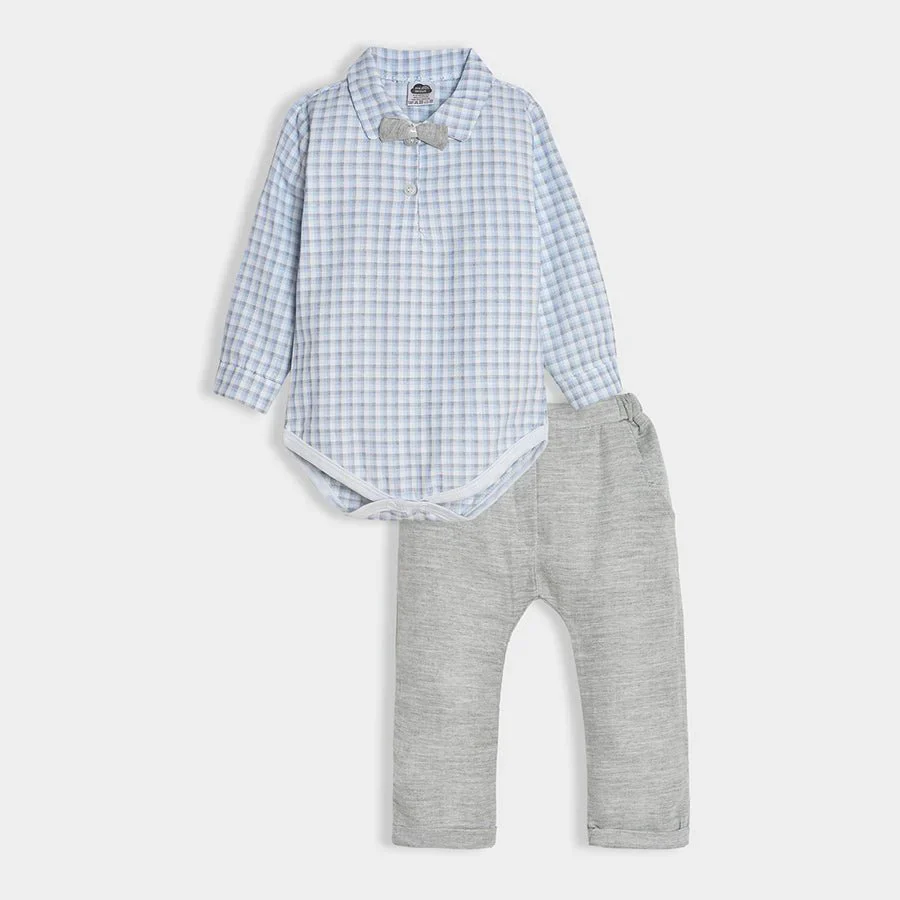 Bloom Woven Blue Check Shirt Style Romper And Grey Trouser