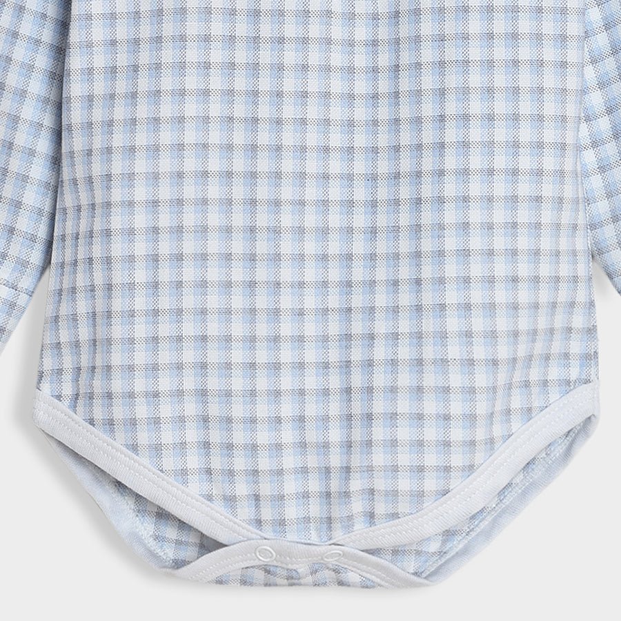 Bloom Woven Blue Check Shirt Style Romper And Grey Trouser - Image 5
