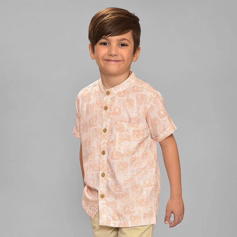 Bloom Woven Printed Beige Half-Sleeve Shirt For Baby Boys