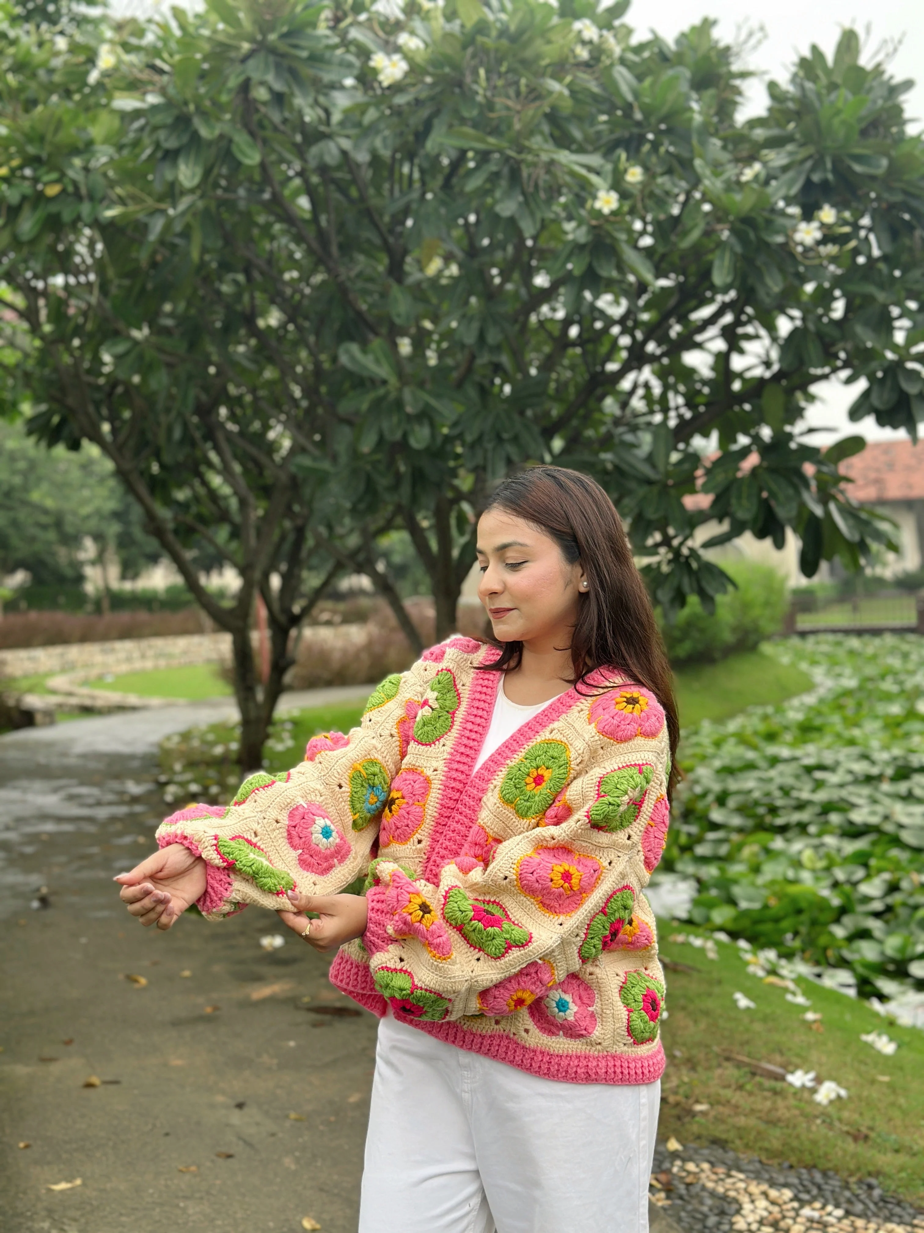 Blossom Patch Handmade Cardigan - Pink Green - Image 2