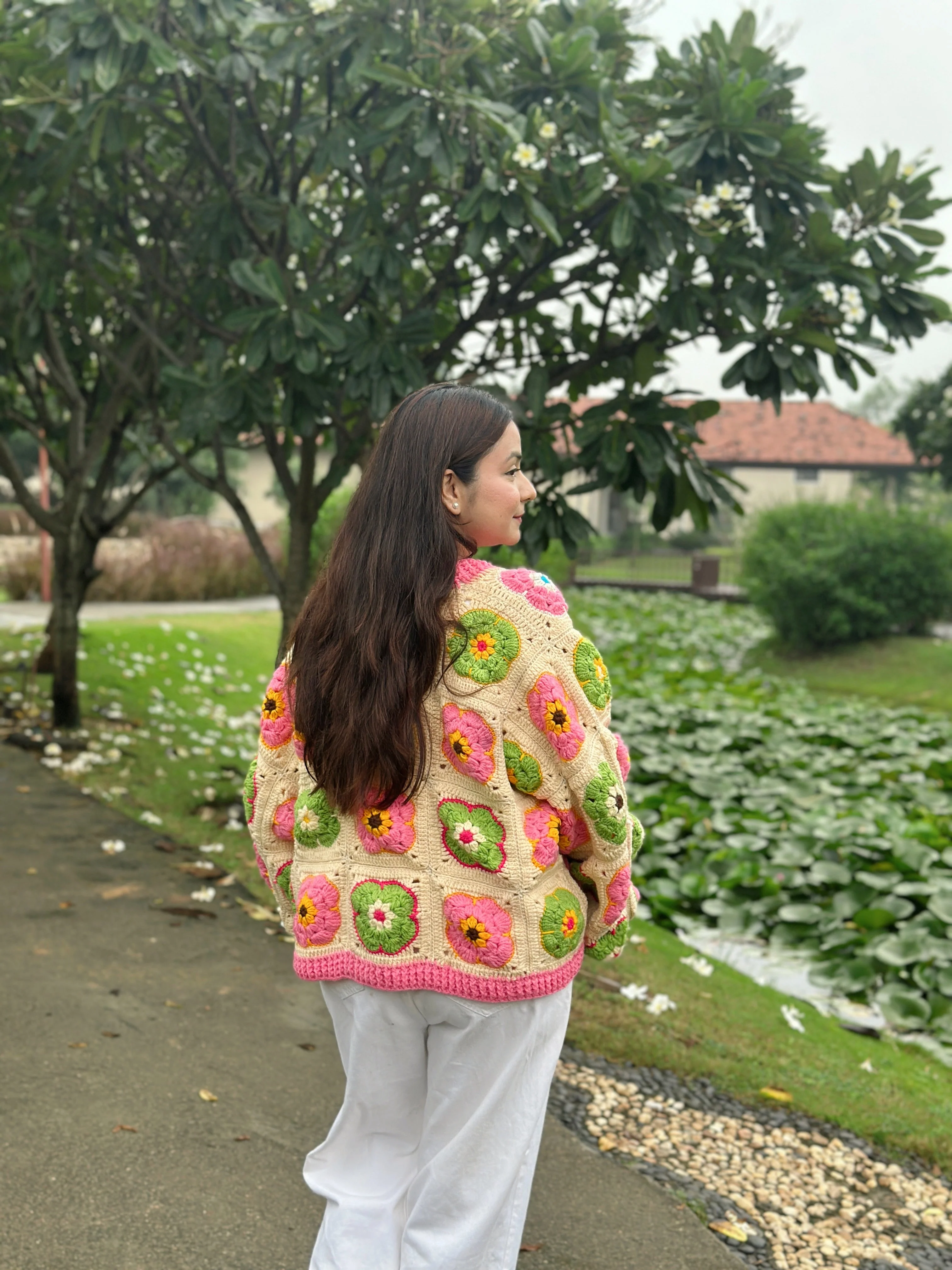 Blossom Patch Handmade Cardigan - Pink Green - Image 4