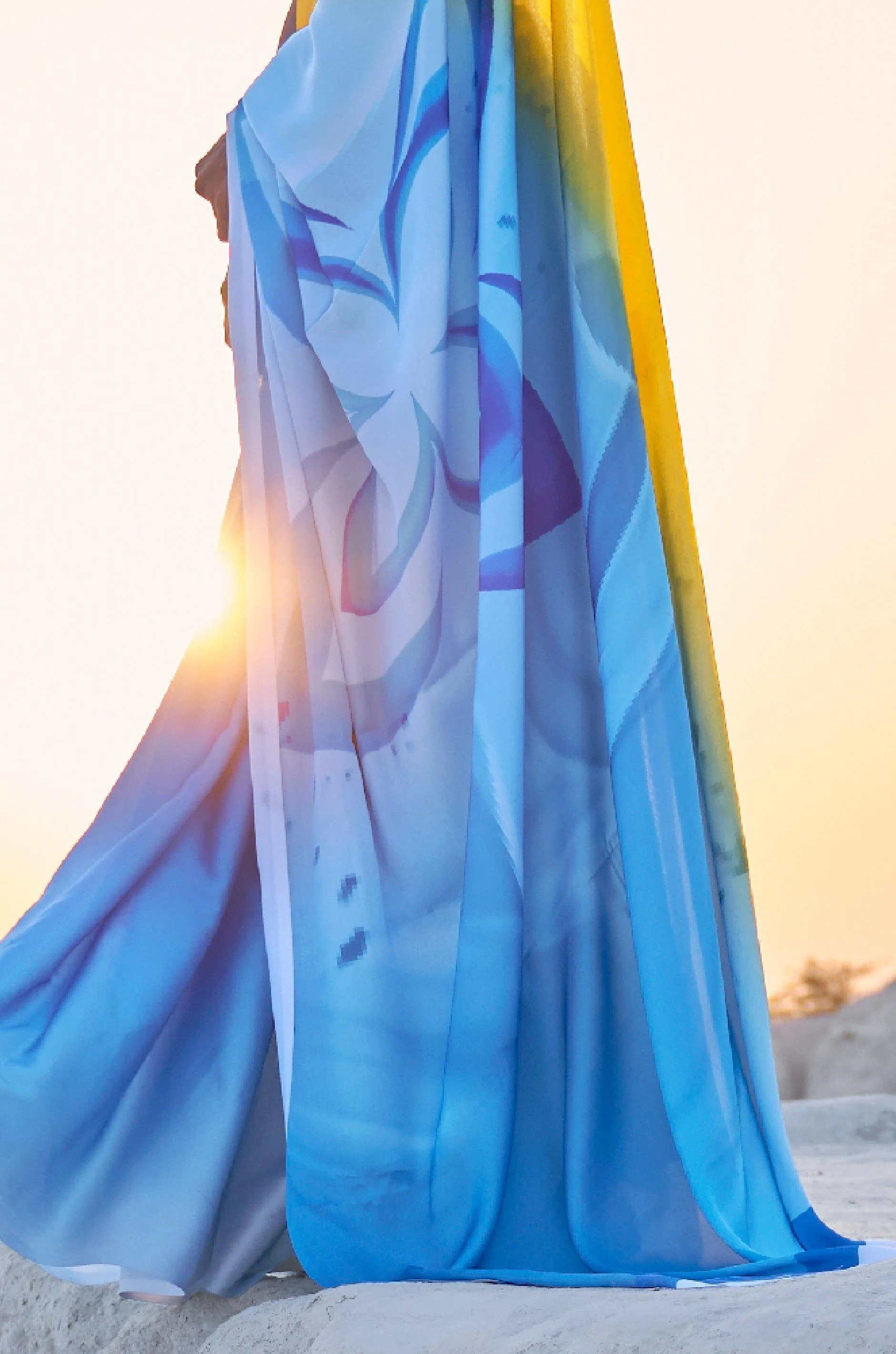 Blue And Yellow Digital Print Satin Silk Saree - Image 2