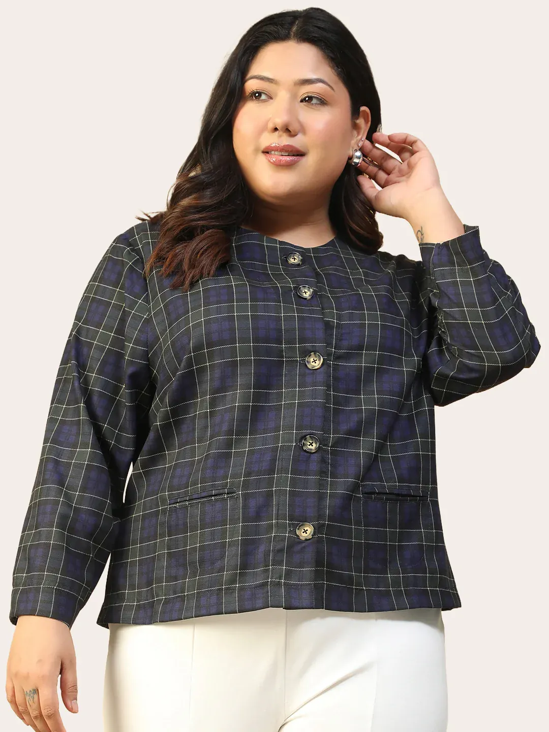 Blue Check Button-Down Plus Size Women's Top