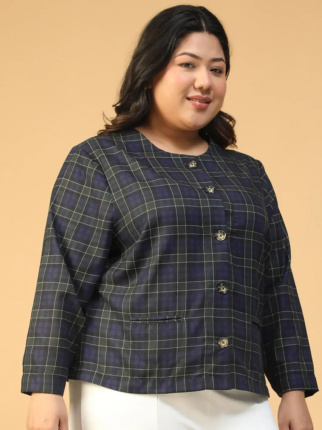 Blue Check Button-Down Plus Size Women's Top - Image 3