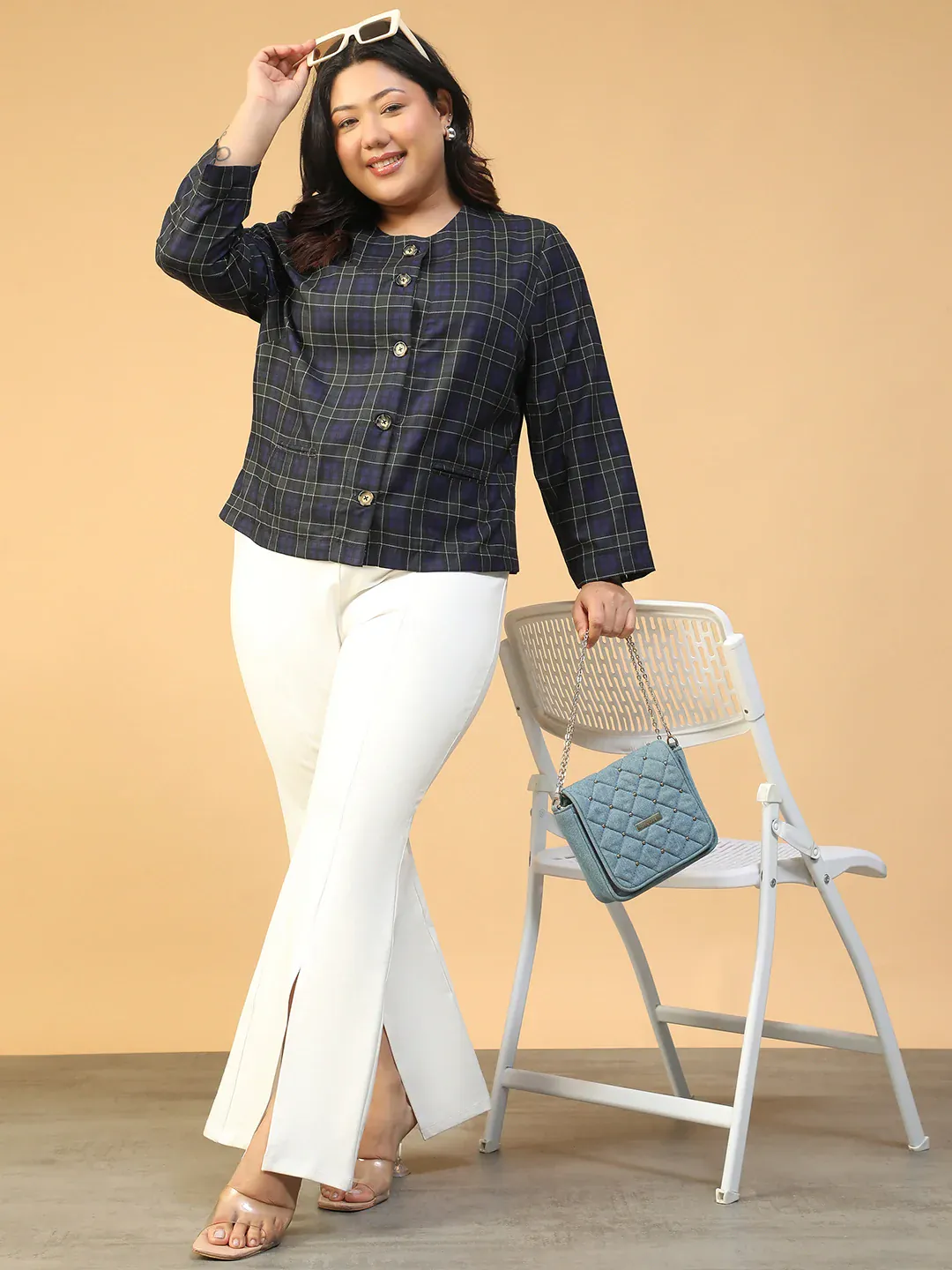 Blue Check Button-Down Plus Size Women's Top - Image 6