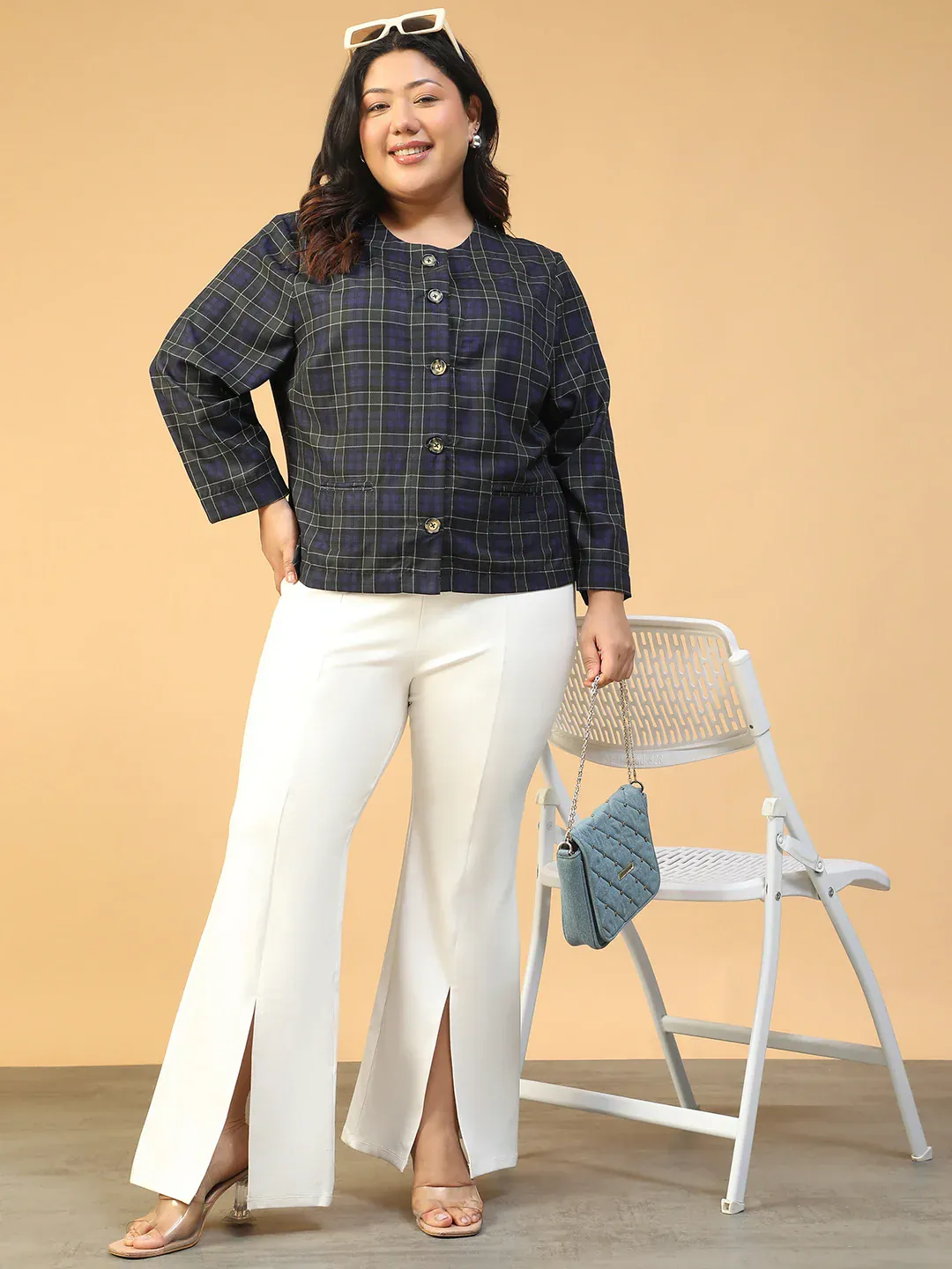 Blue Check Button-Down Plus Size Women's Top - Image 8