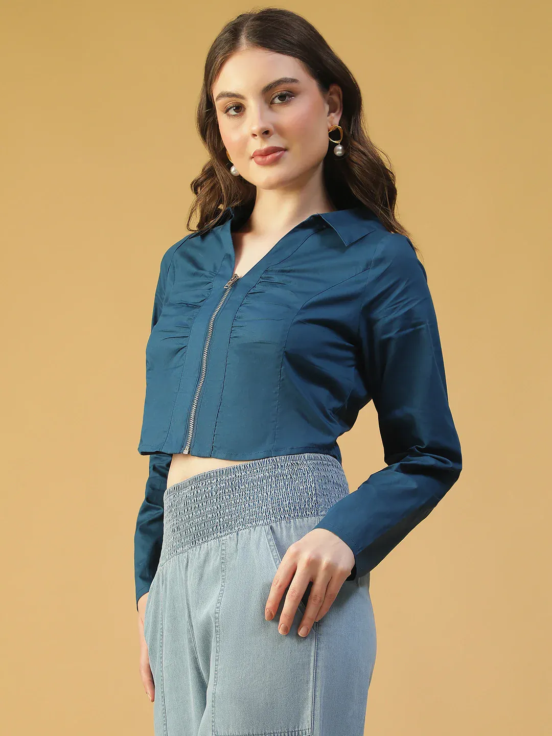Blue Cotton Women’s Crop Top with Collar & Zip Front - Image 5