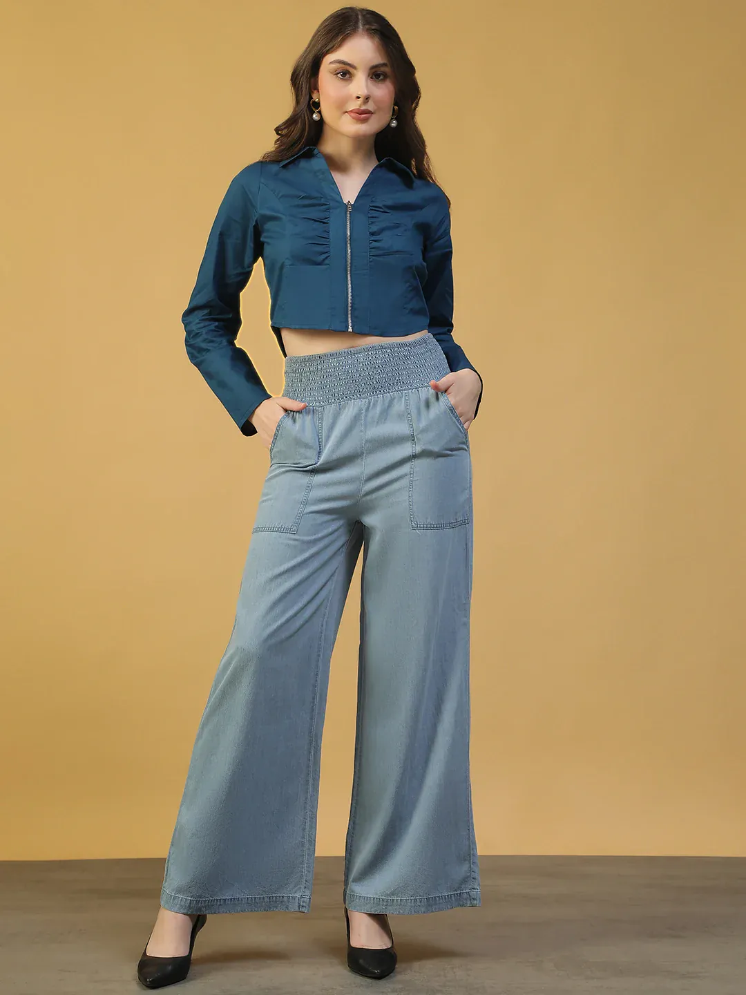 Blue Cotton Women’s Crop Top with Collar & Zip Front - Image 7