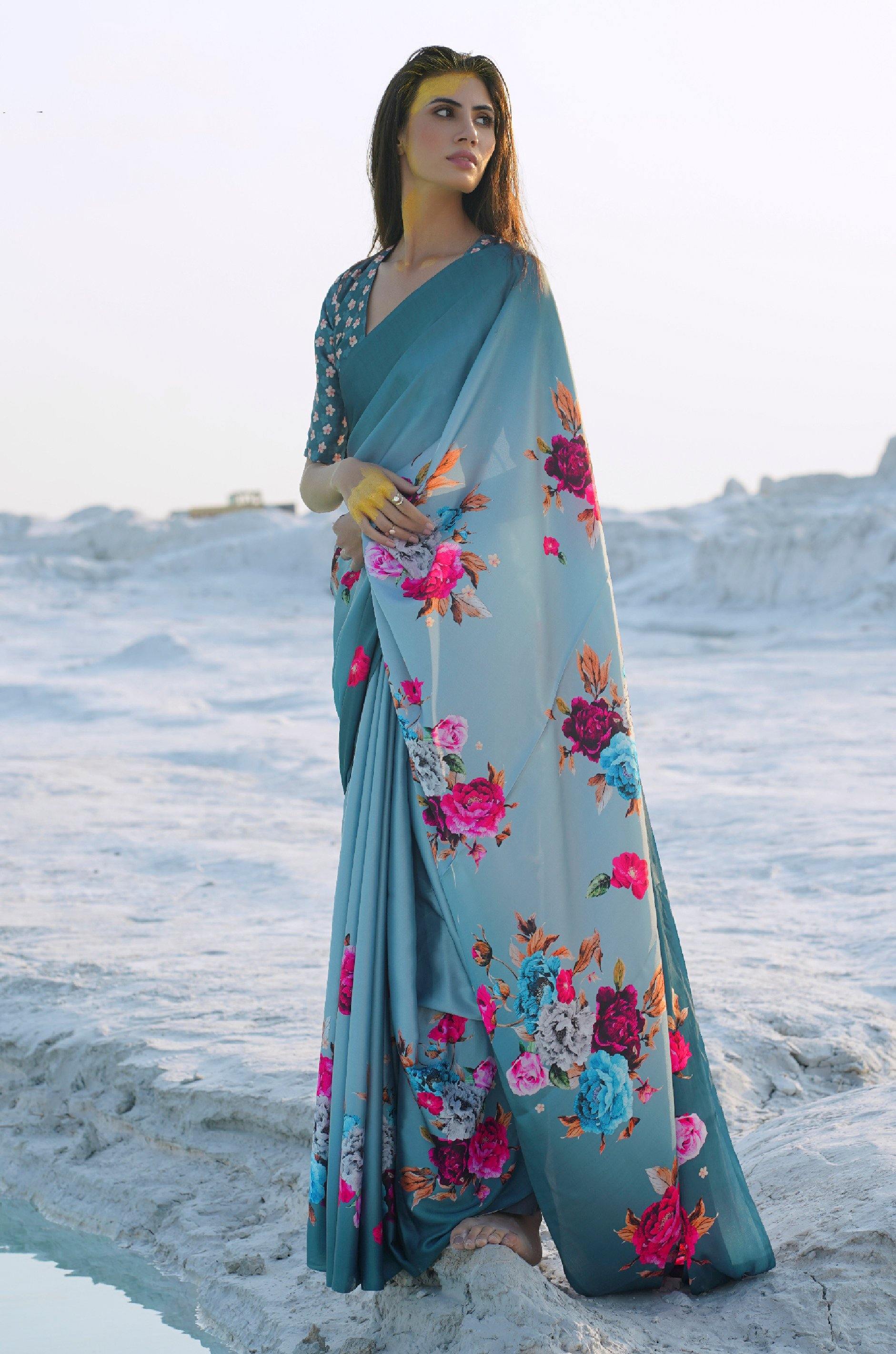 Blue Digital Print Satin Silk Saree