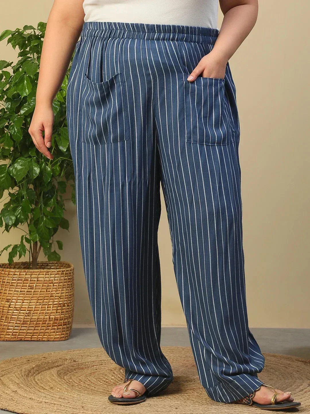 Blue Elasticated Stripe Print Plus Size Women Dobby Trouser With Front Pockets
