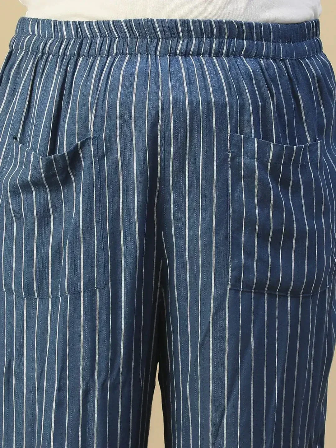 Blue Elasticated Stripe Print Plus Size Women Dobby Trouser With Front Pockets - Image 6