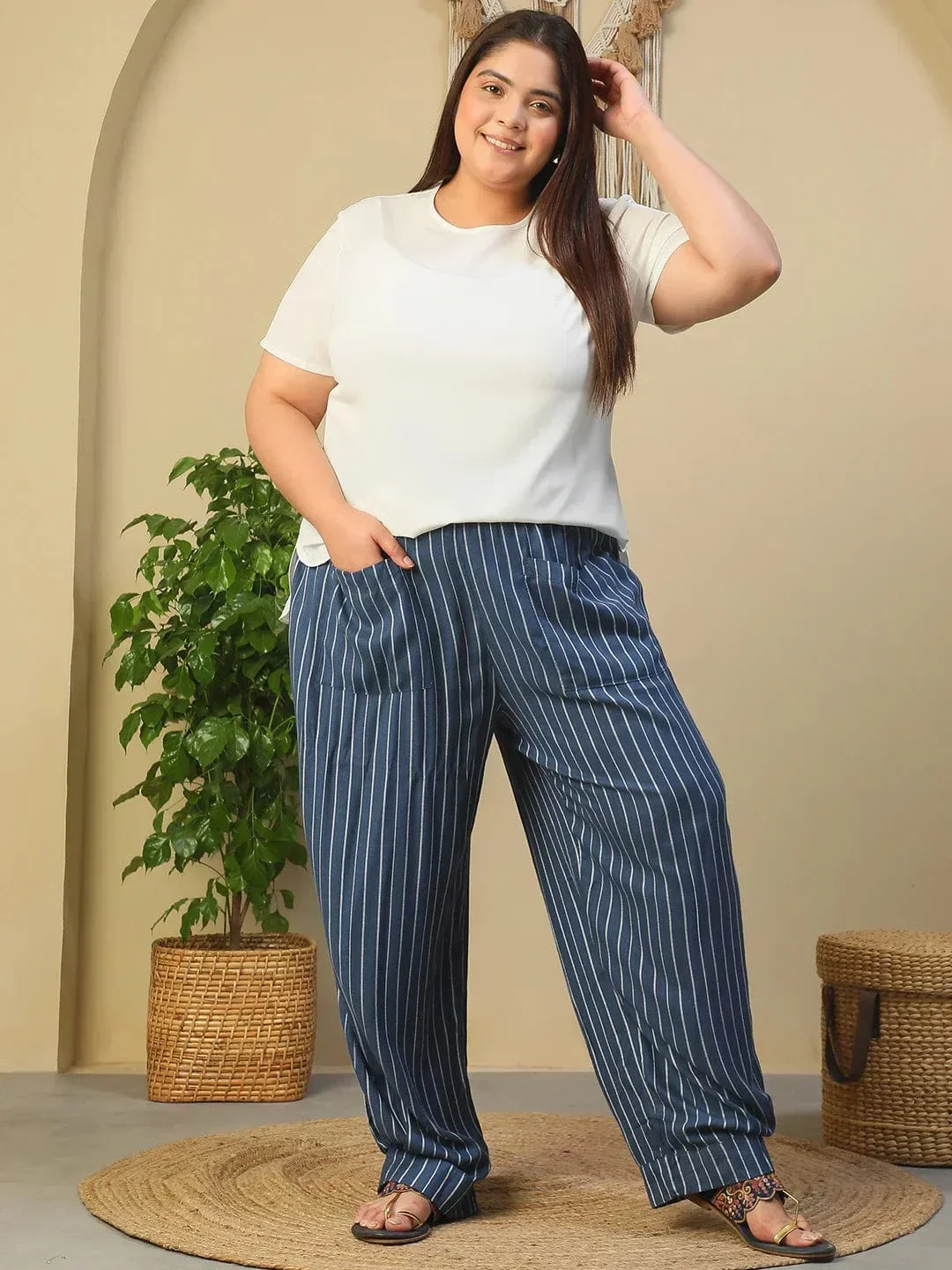 Blue Elasticated Stripe Print Plus Size Women Dobby Trouser With Front Pockets - Image 8