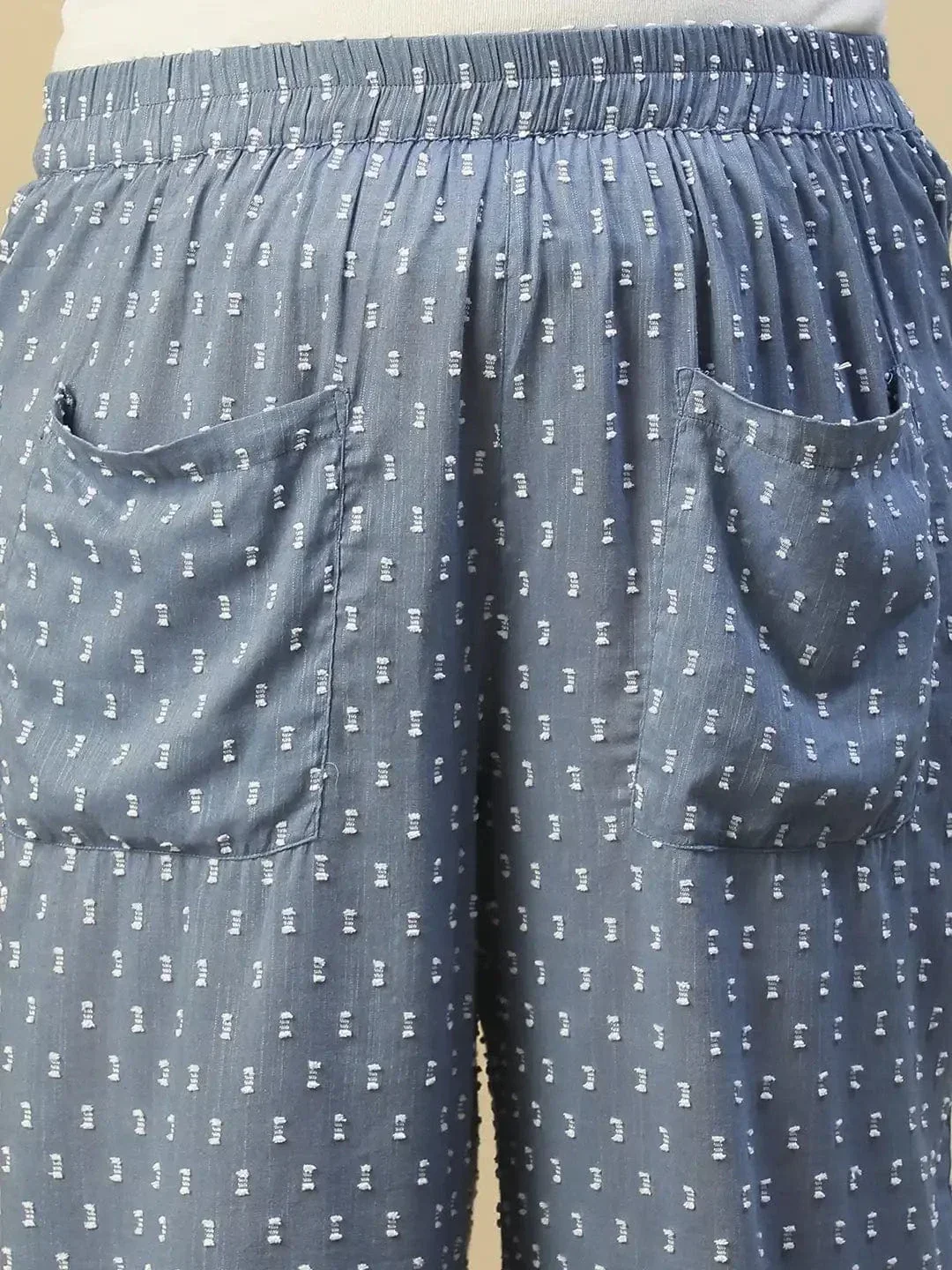 Blue Elasticated Yarn Dyed Dobby Plus Size Women Cotton Trouser With Front Pockets - Image 6