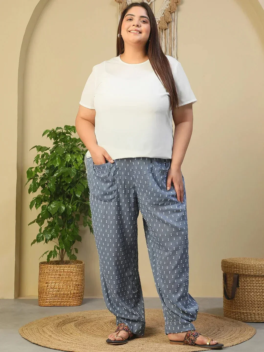 Blue Elasticated Yarn Dyed Dobby Plus Size Women Cotton Trouser With Front Pockets - Image 8