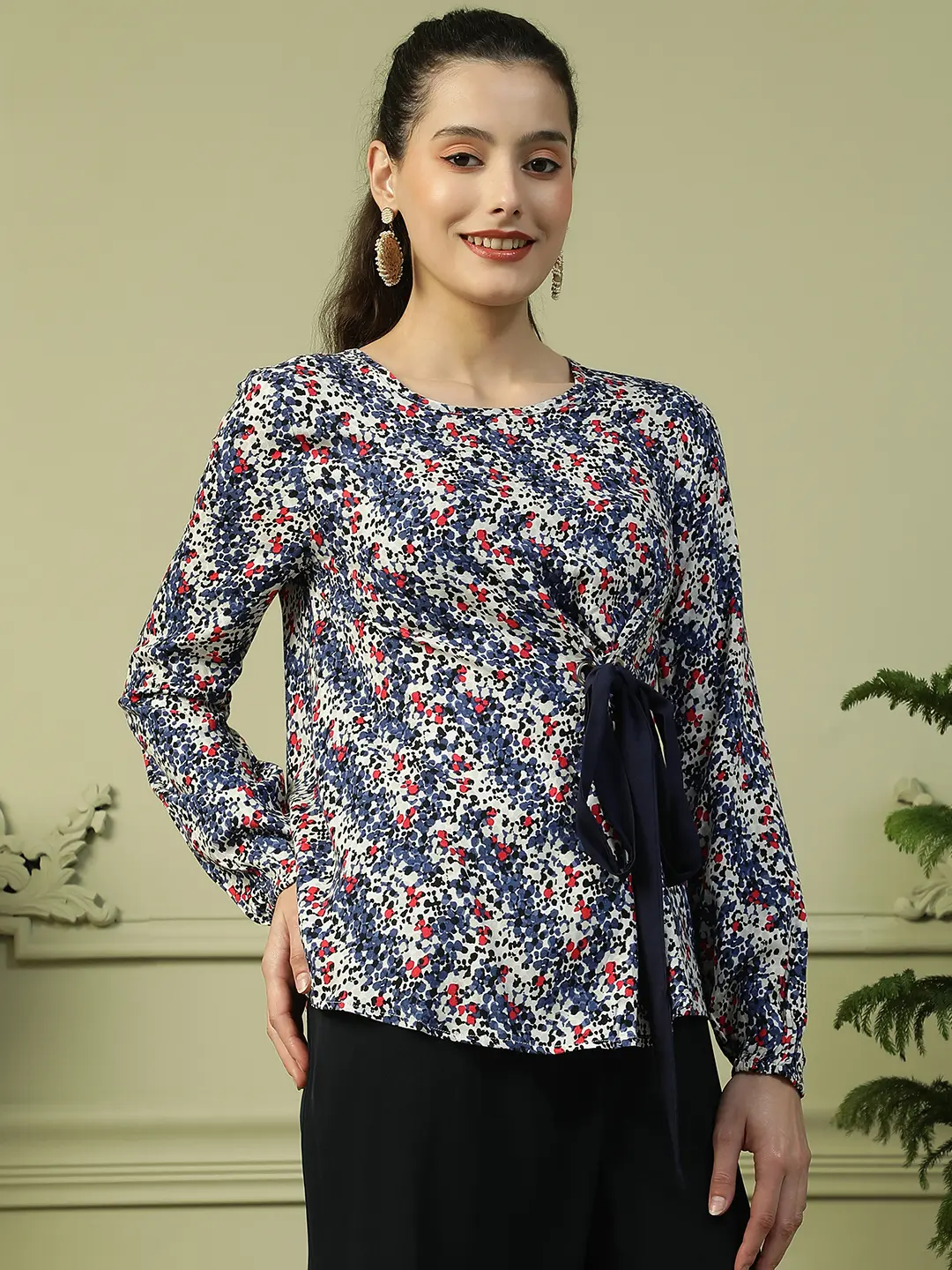 Blue Floral Long Sleeve Women’s Top with Front Tie-Up - Image 8