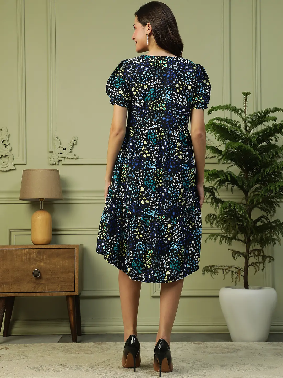 Blue Floral Print High Low Cotton Short Sleeve Women Dress - Image 6