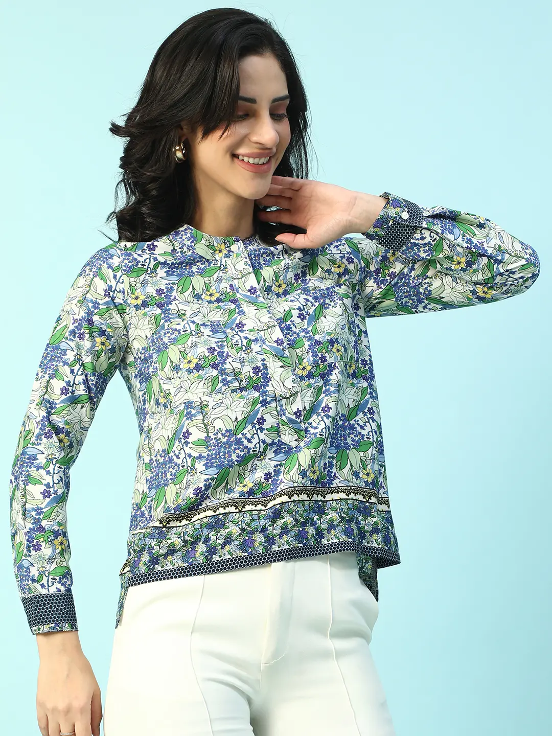 Blue Floral Print Long Sleeve Women's Top - Image 6