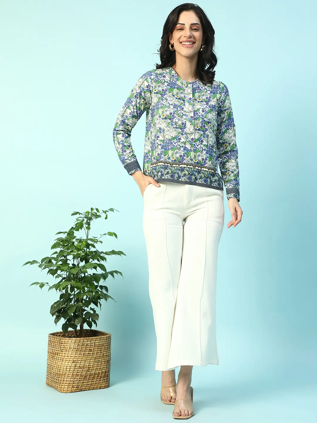 Blue Floral Print Long Sleeve Women's Top - Image 8