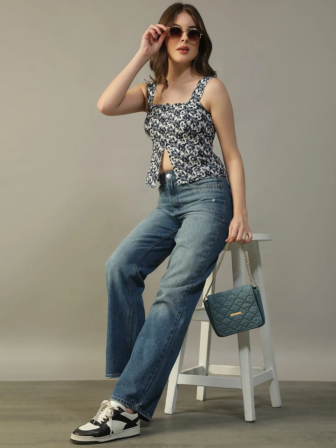 Blue Floral Print Women’s Top With Shoulder Straps - Image 4