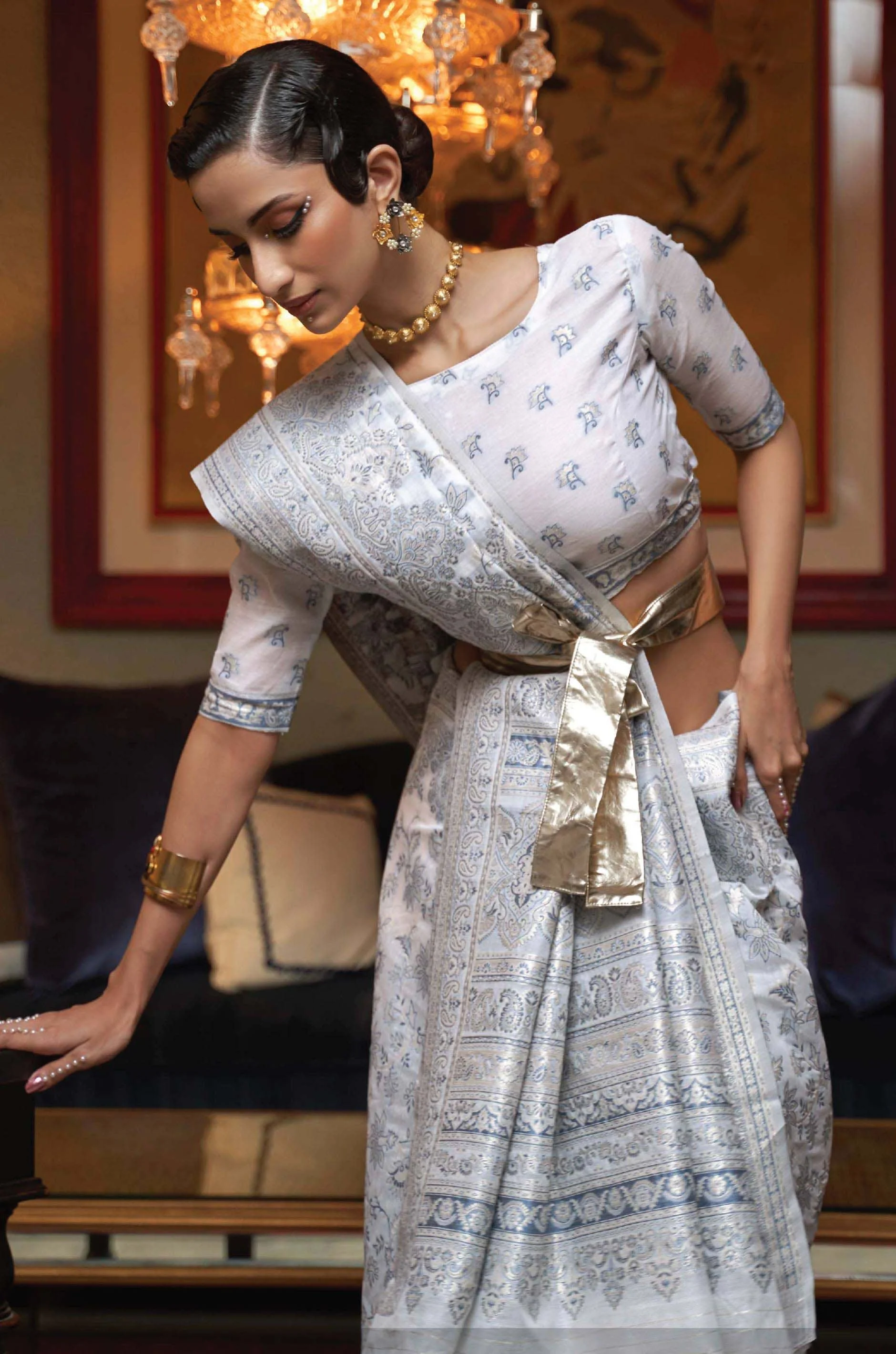 Blue Grey Floral Woven Silk Saree - Image 5