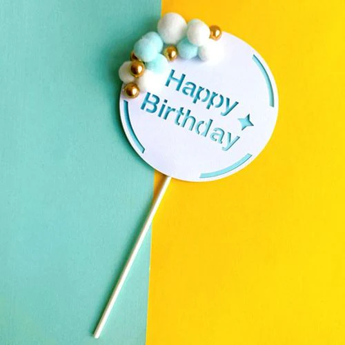 Blue Happy Birthday Cake Topper With Fuzzy Balls (Pack of 1) - Image 2