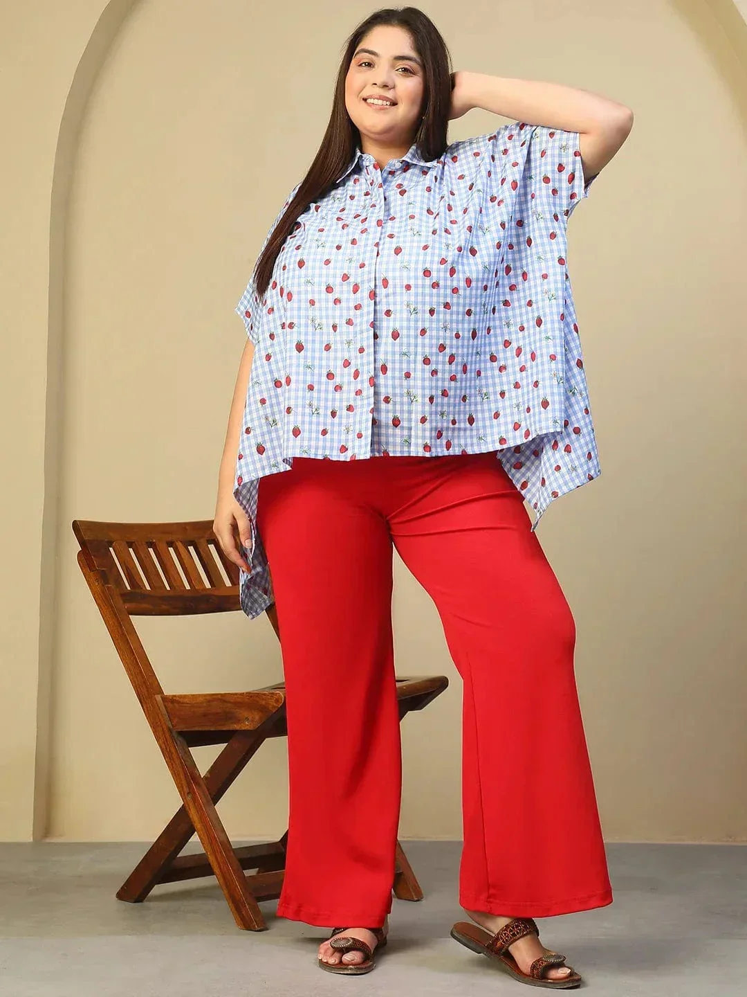 Blue Heart Print Button Down Short Sleeve High Low Cotton Blend Plus Size Women Top - Image 2