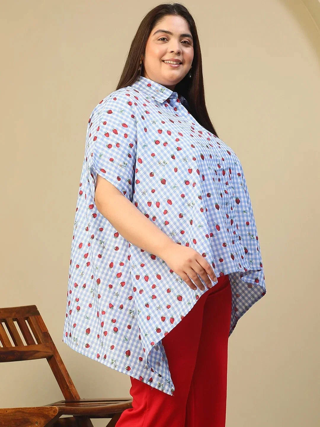 Blue Heart Print Button Down Short Sleeve High Low Cotton Blend Plus Size Women Top - Image 4
