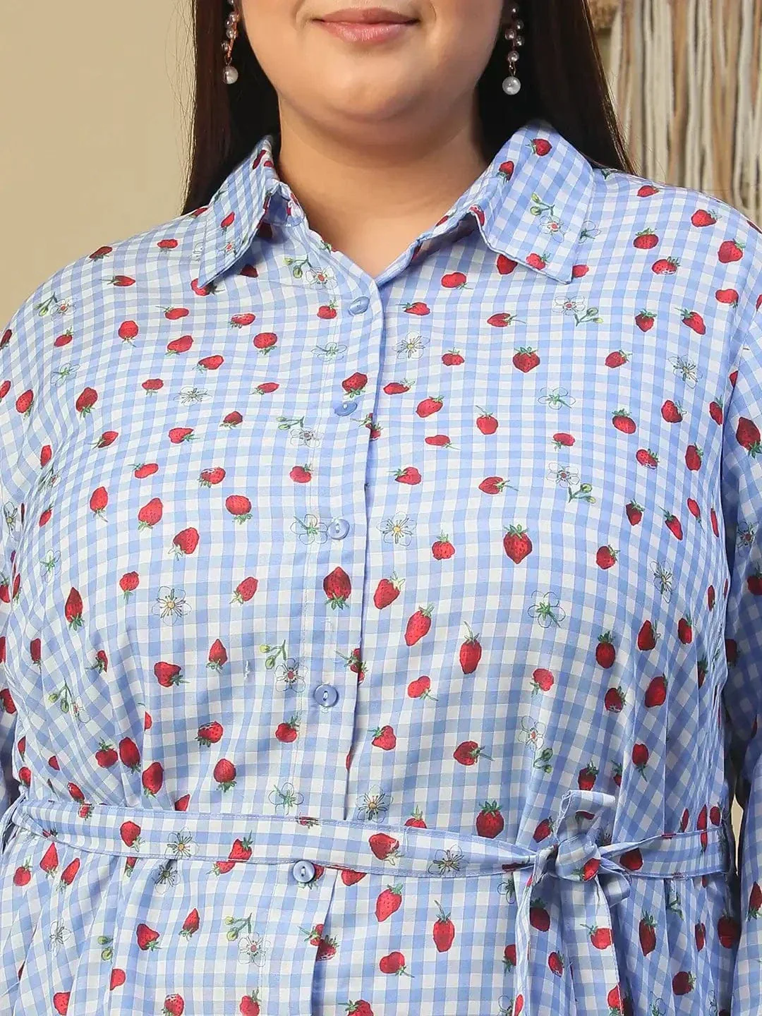 Blue Heart Print Collared Button Down With Waist Belt Plus Size Women Cotton Blend Dress - Image 6