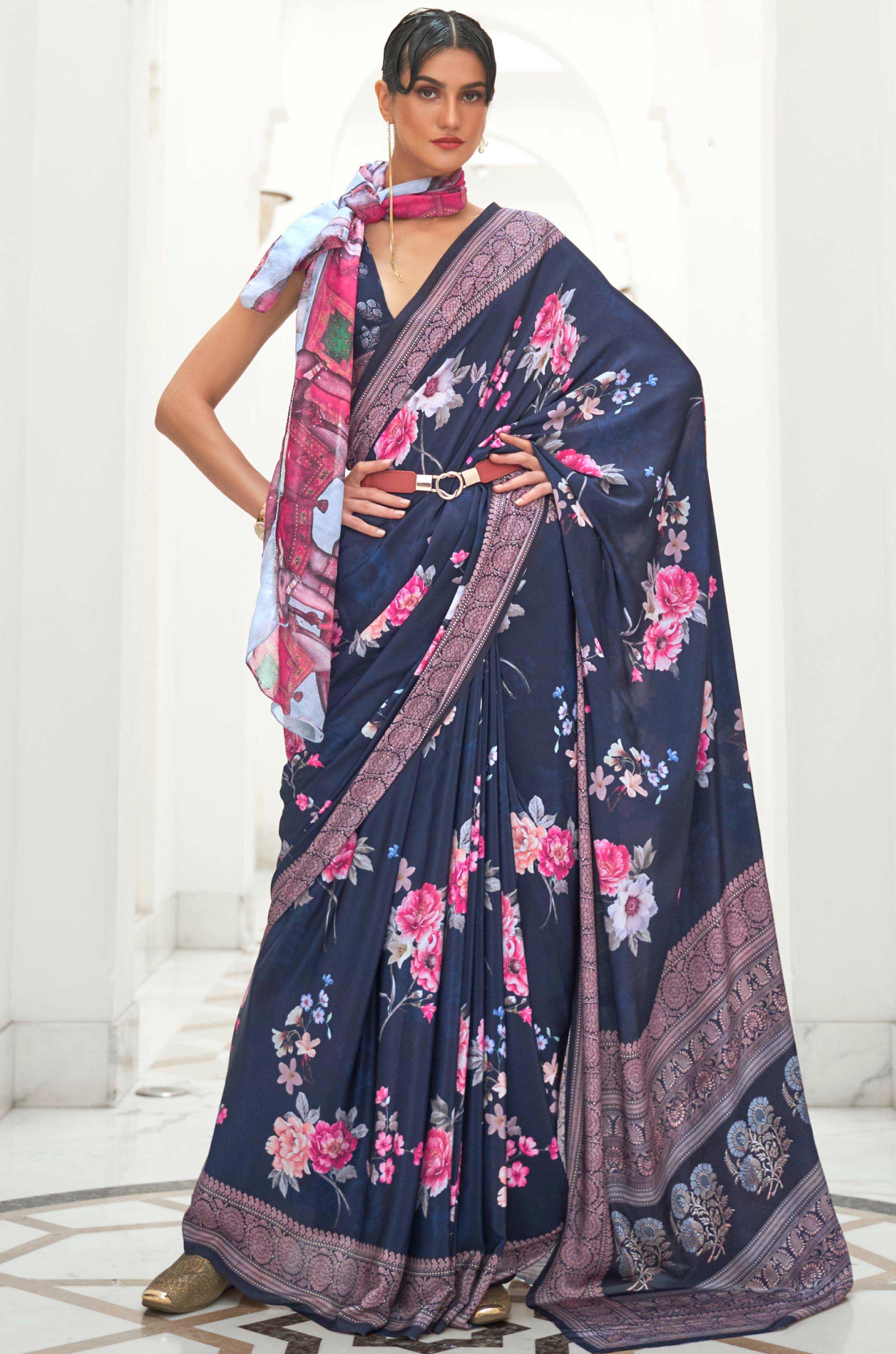 Blue Multicolour Satin Crepe Saree