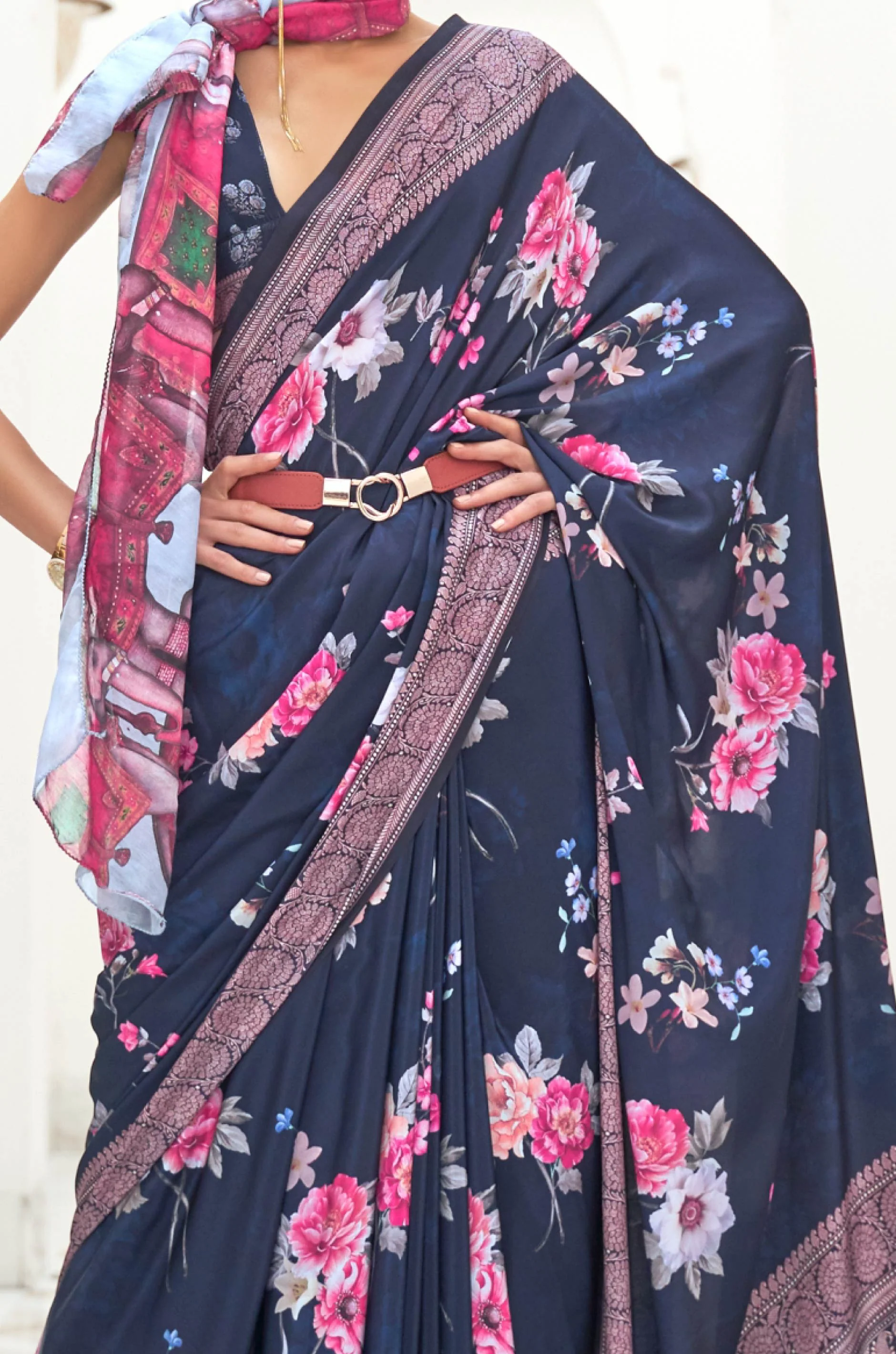 Blue Multicolour Satin Crepe Saree - Image 3