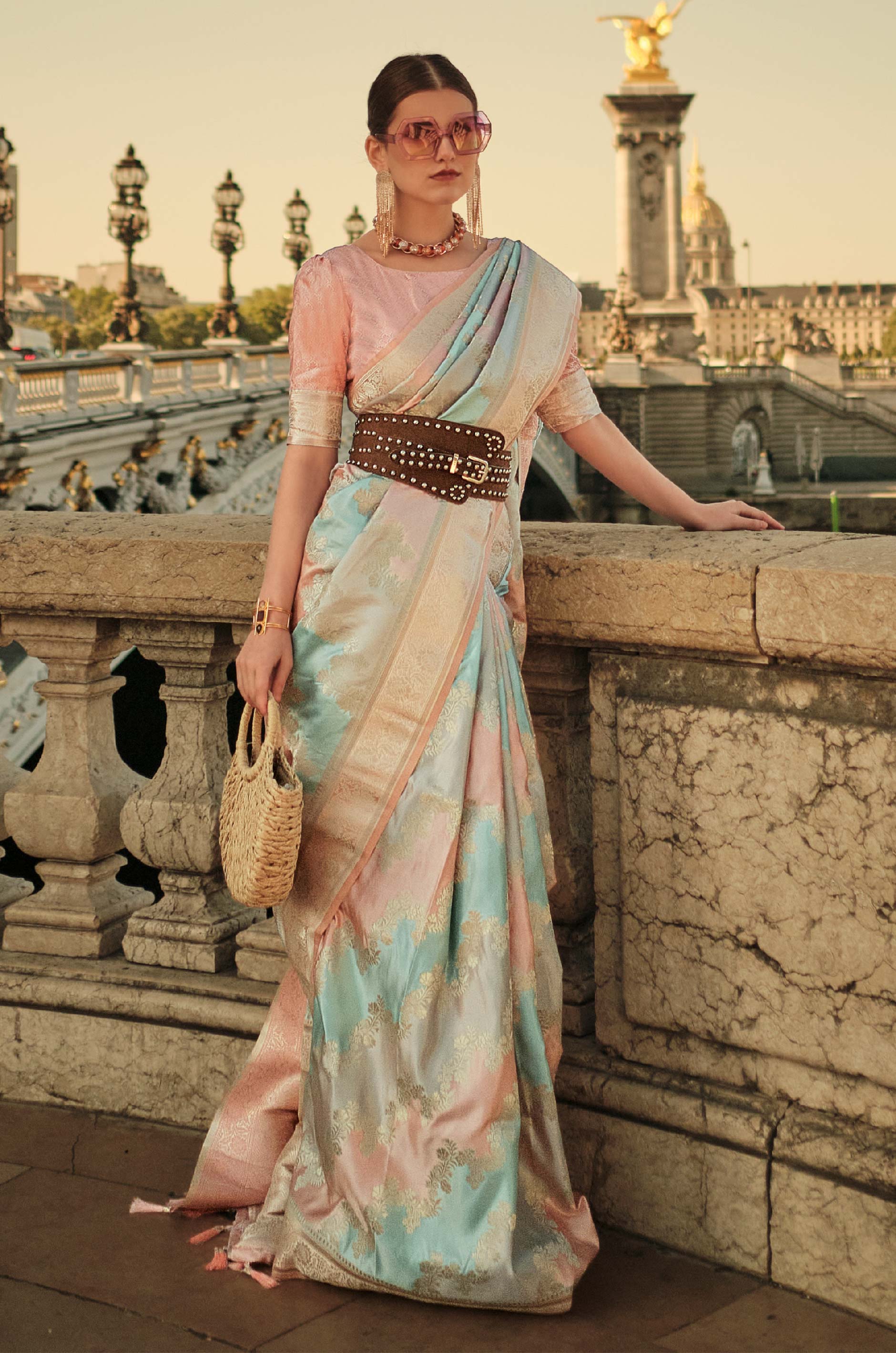 Blue Pink Multicolour Rangkat Woven Satin Silk Saree - Image 2