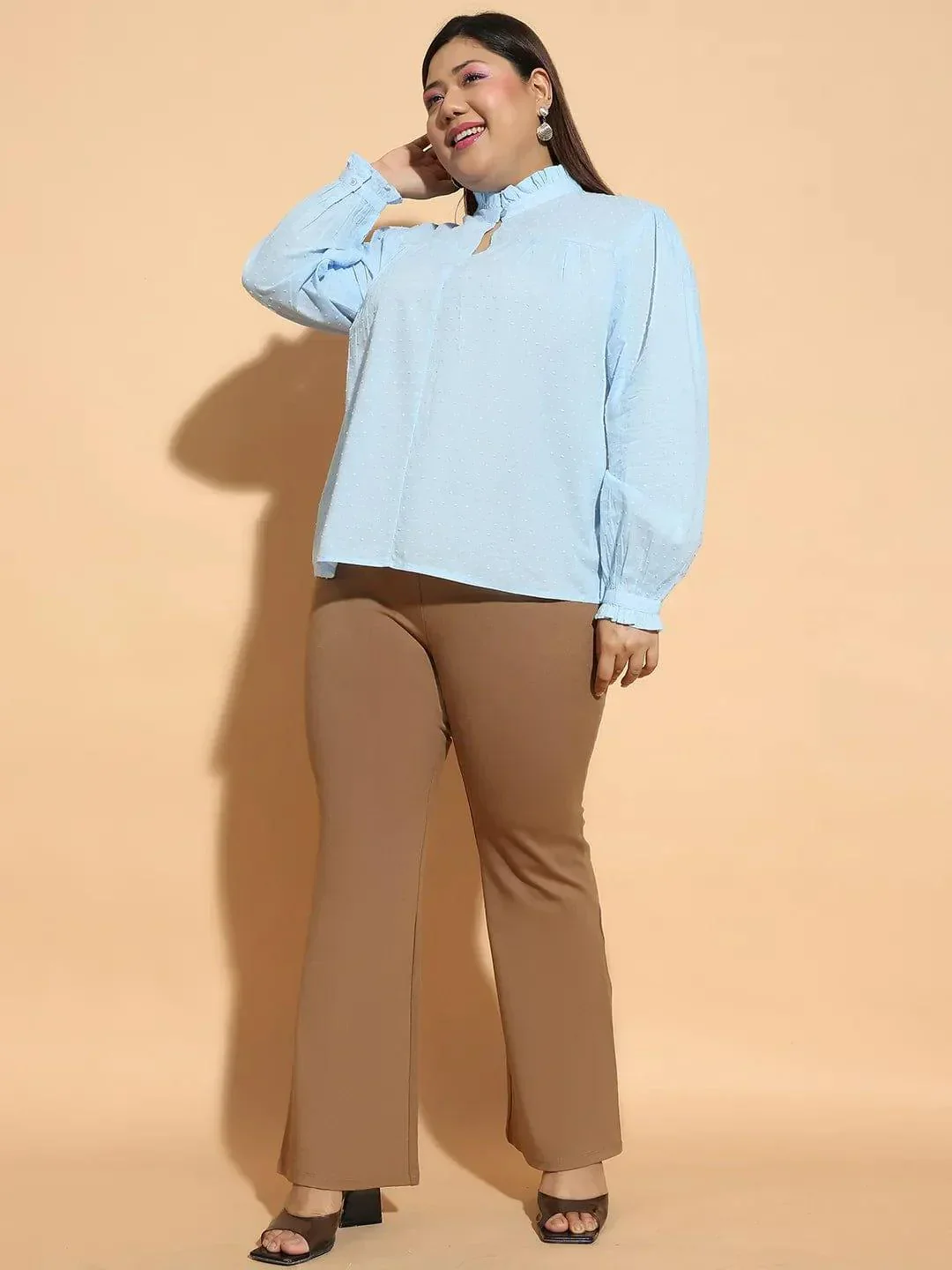 Blue Round Neck With Button & Keyhole Dobby Meld Plus Size Cotton Loopy Top - Image 2