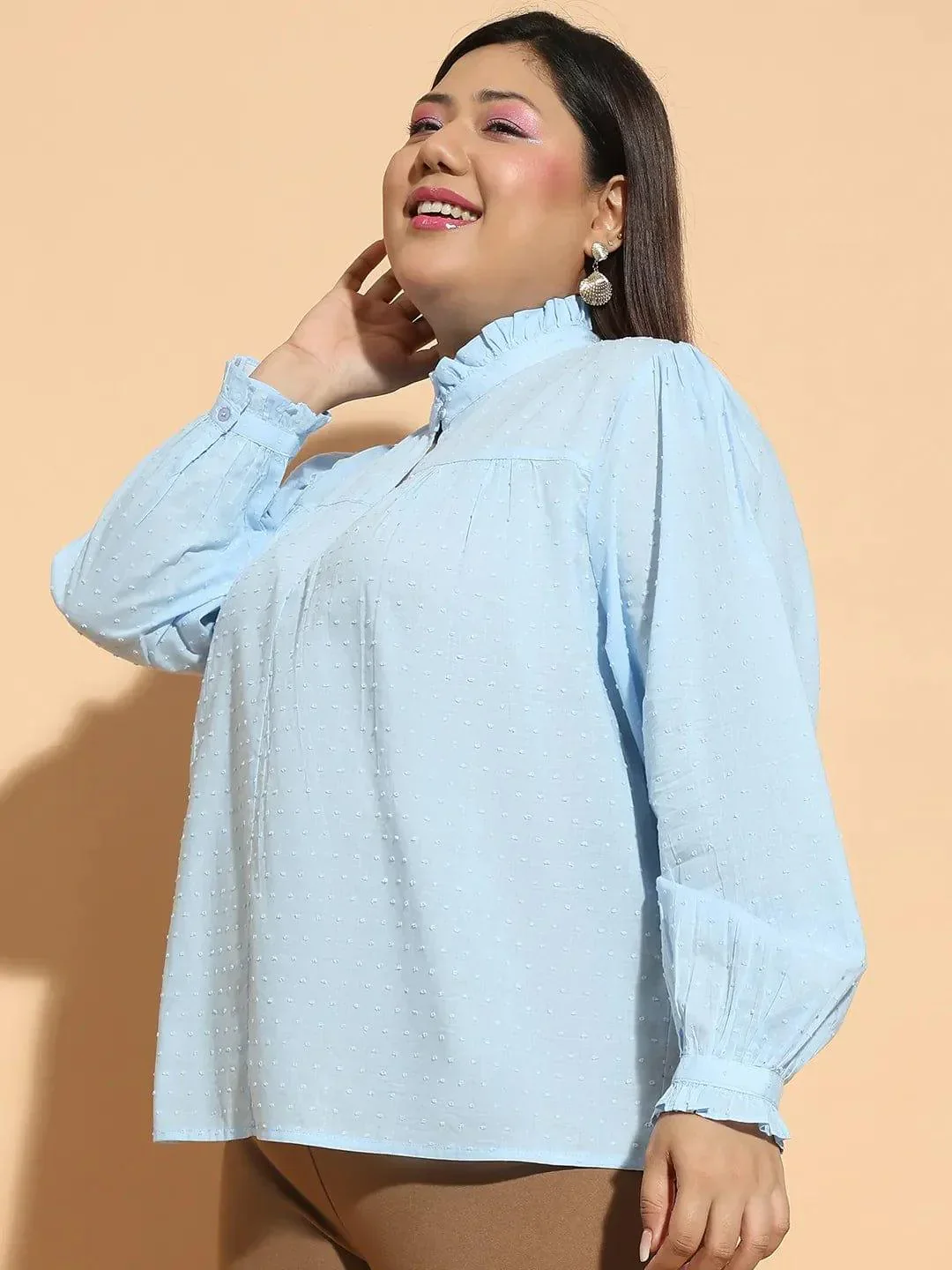 Blue Round Neck With Button & Keyhole Dobby Meld Plus Size Cotton Loopy Top - Image 3
