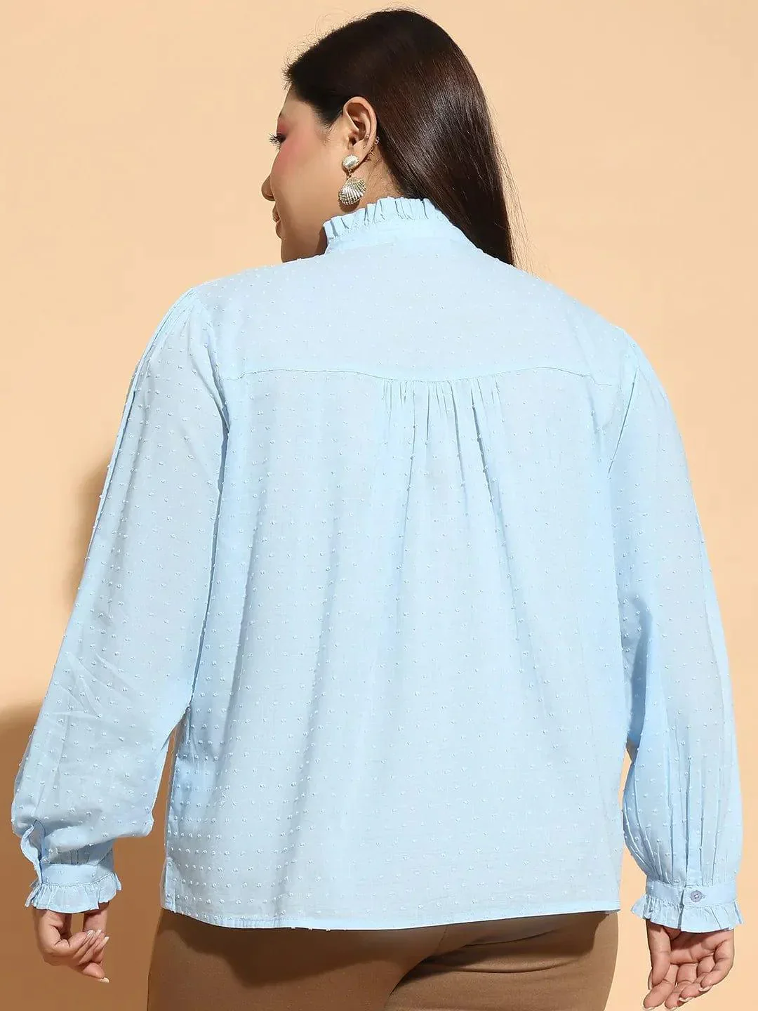 Blue Round Neck With Button & Keyhole Dobby Meld Plus Size Cotton Loopy Top - Image 5