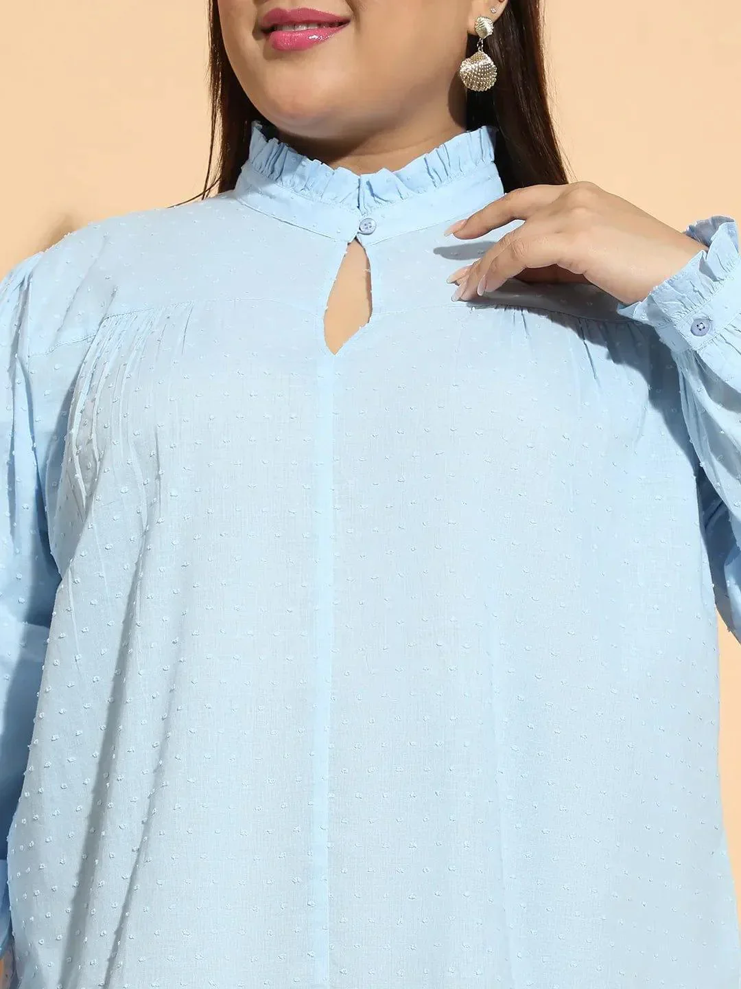 Blue Round Neck With Button & Keyhole Dobby Meld Plus Size Cotton Loopy Top - Image 6