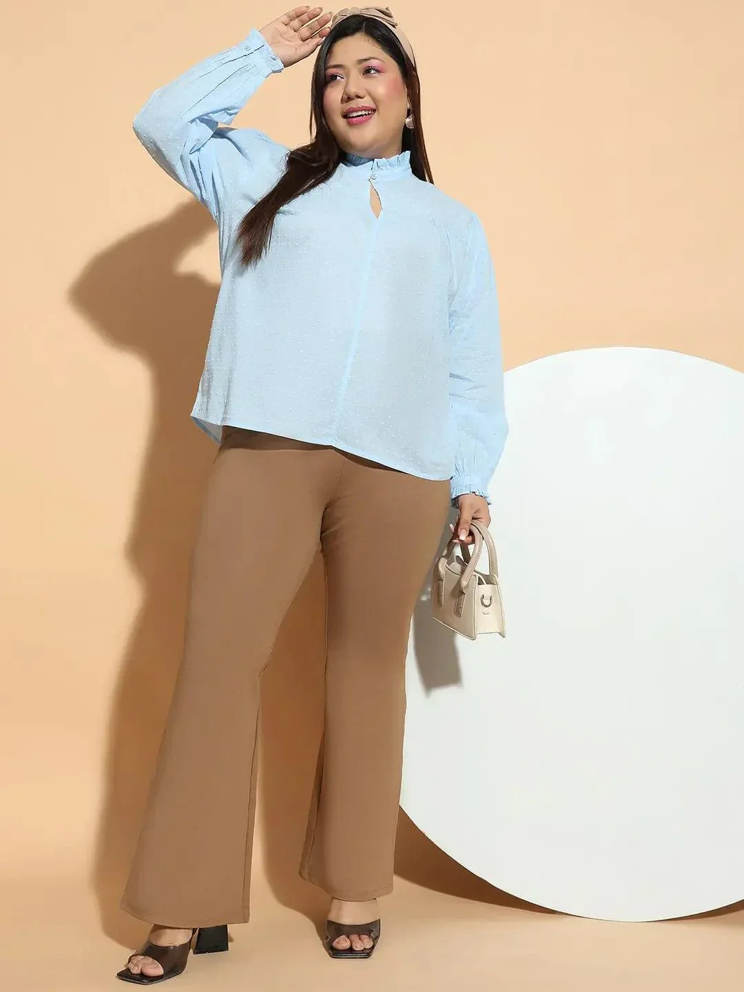 Blue Round Neck With Button & Keyhole Dobby Meld Plus Size Cotton Loopy Top - Image 8