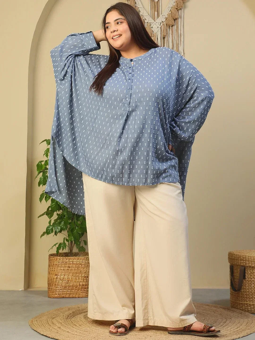 Blue Round Neck With Button Placket Long Sleeve High Hem Yarn Dyed Dobby Plus Size Women Cotton Tunic - Image 2