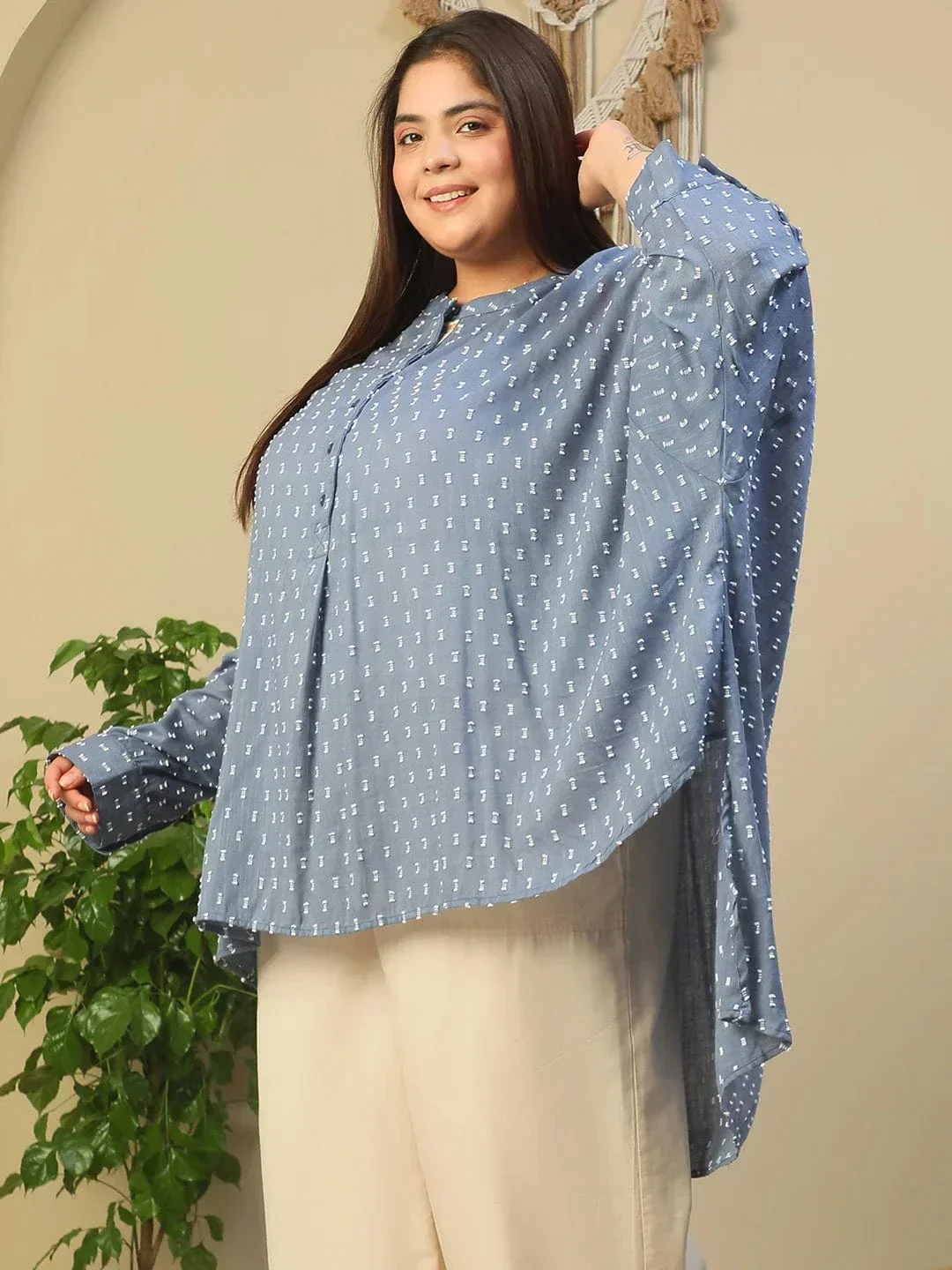Blue Round Neck With Button Placket Long Sleeve High Hem Yarn Dyed Dobby Plus Size Women Cotton Tunic - Image 3
