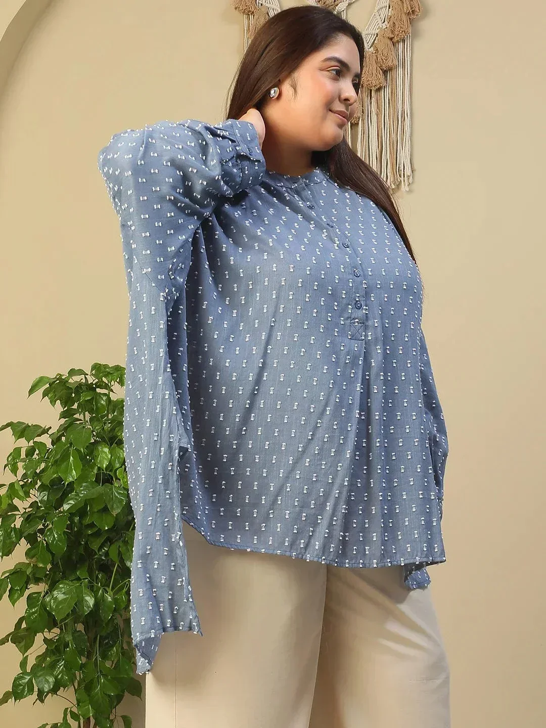 Blue Round Neck With Button Placket Long Sleeve High Hem Yarn Dyed Dobby Plus Size Women Cotton Tunic - Image 4