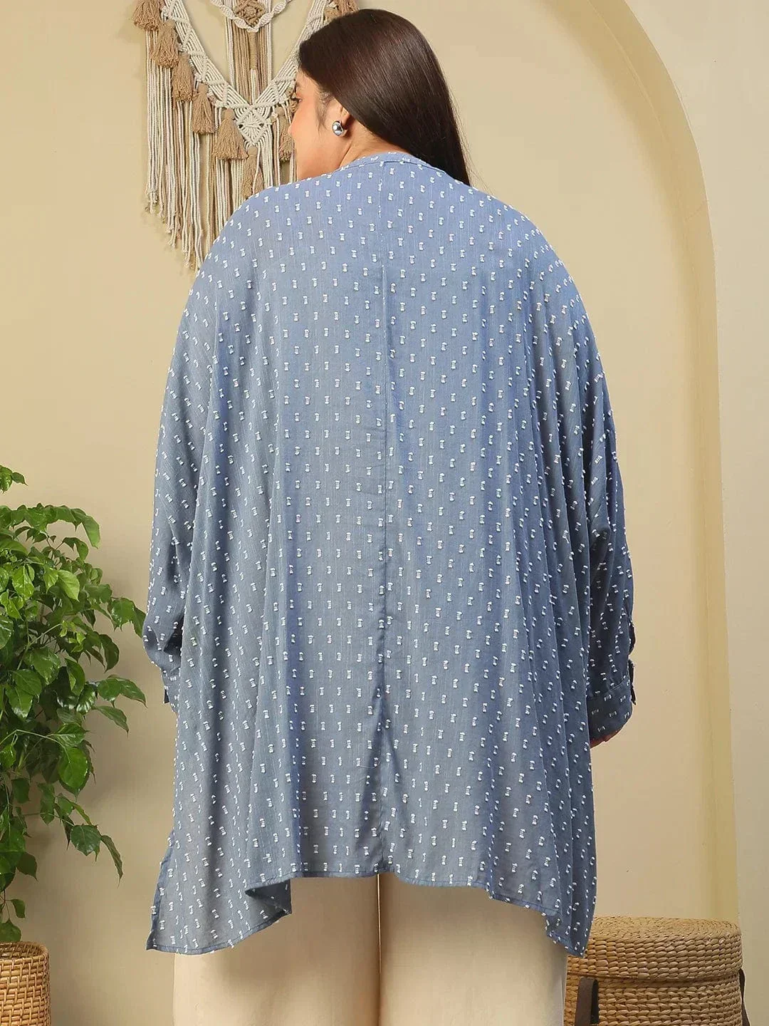 Blue Round Neck With Button Placket Long Sleeve High Hem Yarn Dyed Dobby Plus Size Women Cotton Tunic - Image 5