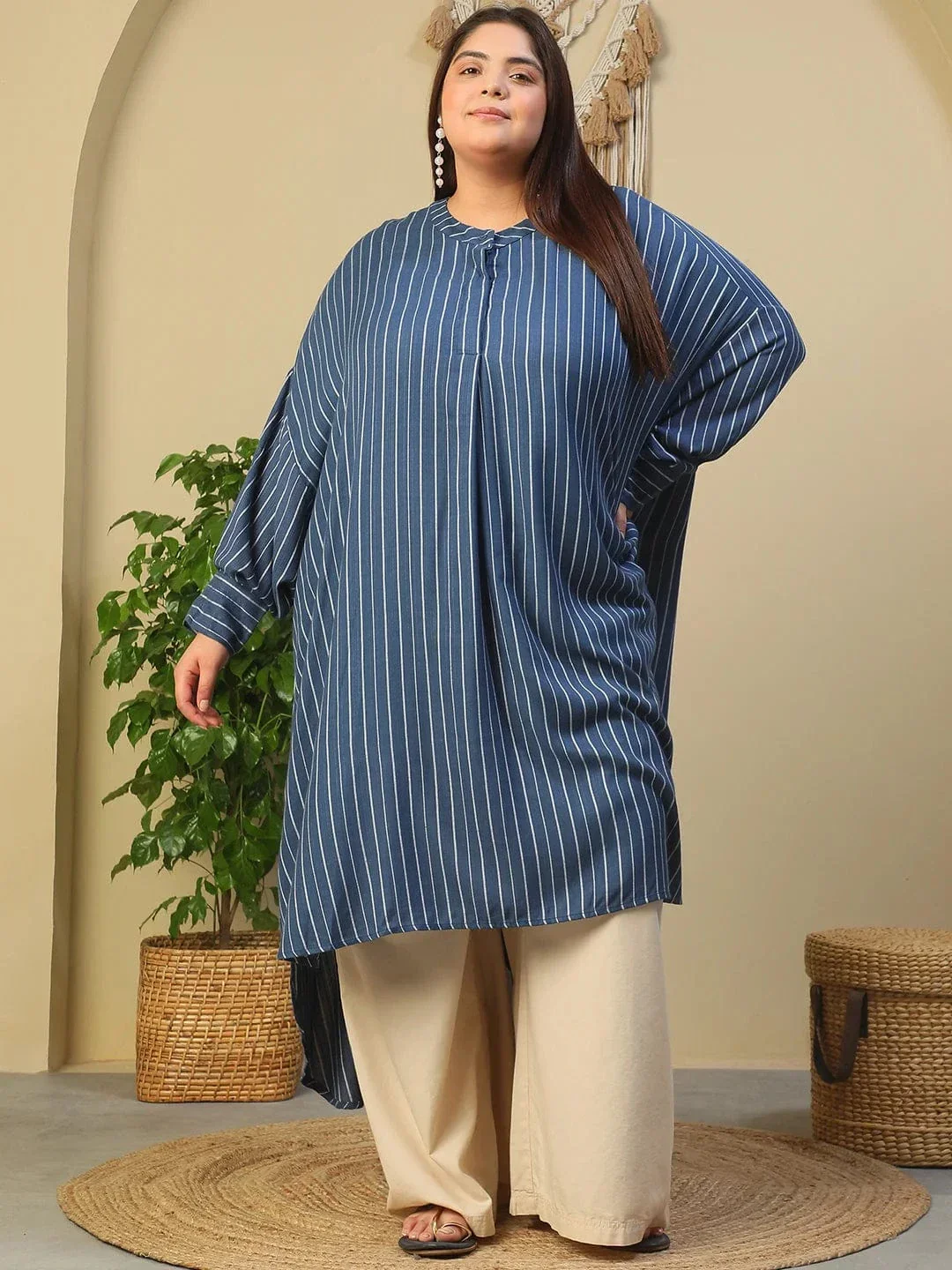 Blue Round Neck With Button Placket Long Sleeve High Low Plus Size Women Dobby Tunic - Image 2
