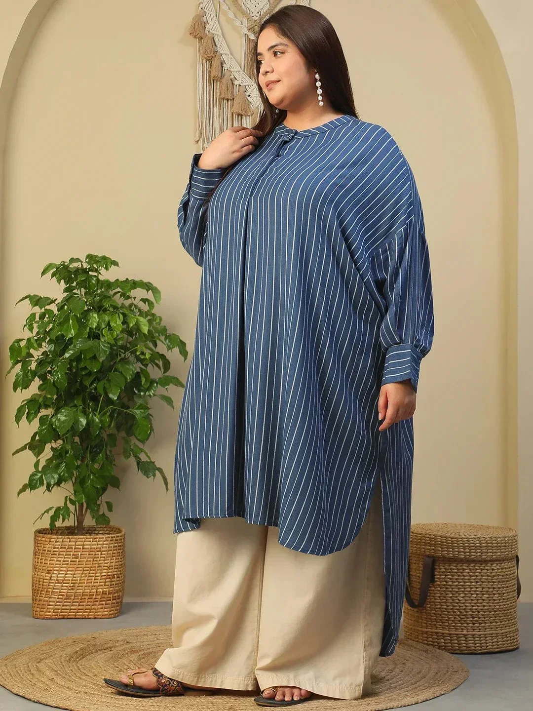 Blue Round Neck With Button Placket Long Sleeve High Low Plus Size Women Dobby Tunic - Image 3