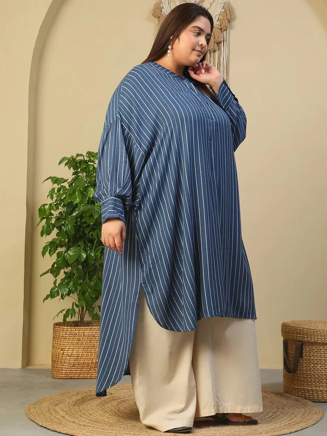 Blue Round Neck With Button Placket Long Sleeve High Low Plus Size Women Dobby Tunic - Image 4