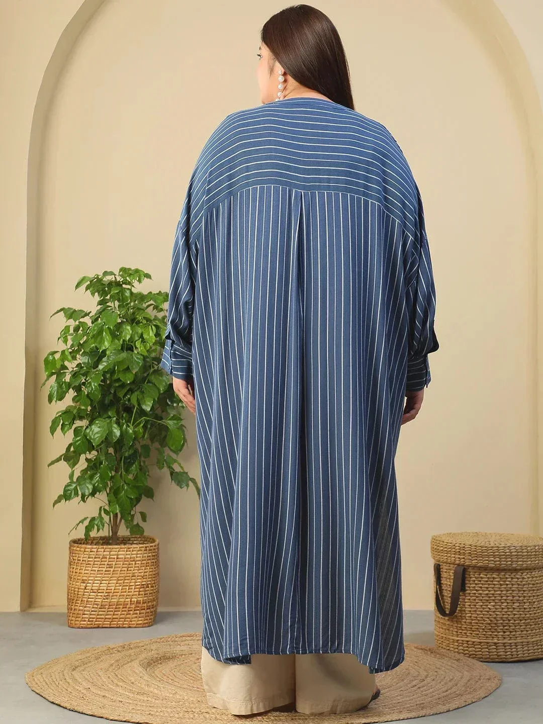 Blue Round Neck With Button Placket Long Sleeve High Low Plus Size Women Dobby Tunic - Image 5